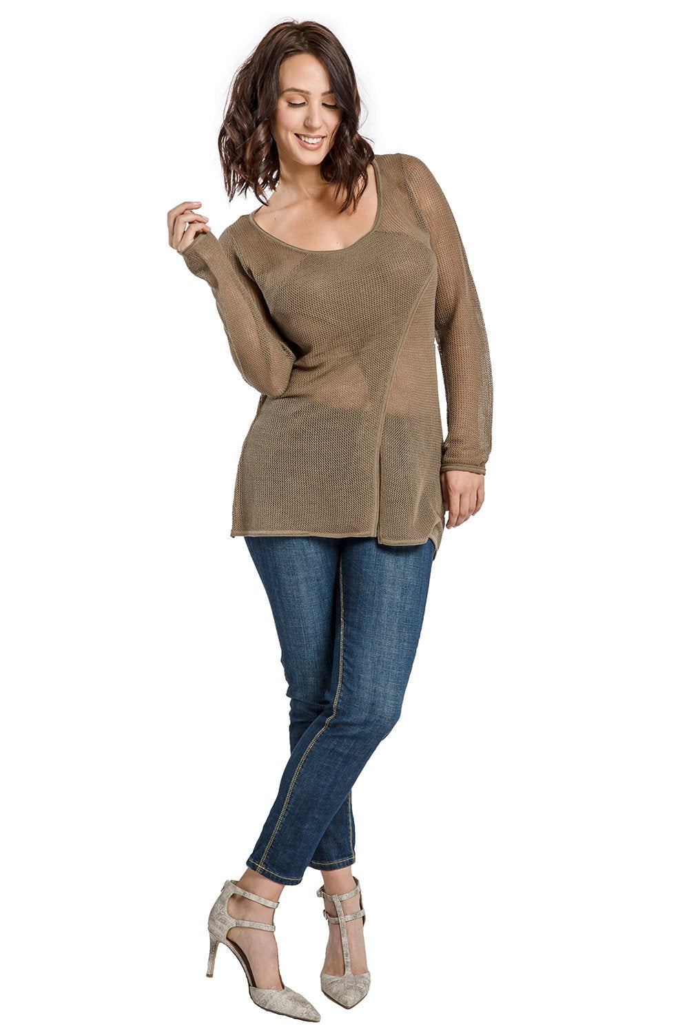 Miss Halladay Womens Olive Mesh Knit Tunic Sweater Scoop Neck Crossover Panel Long Sleeve