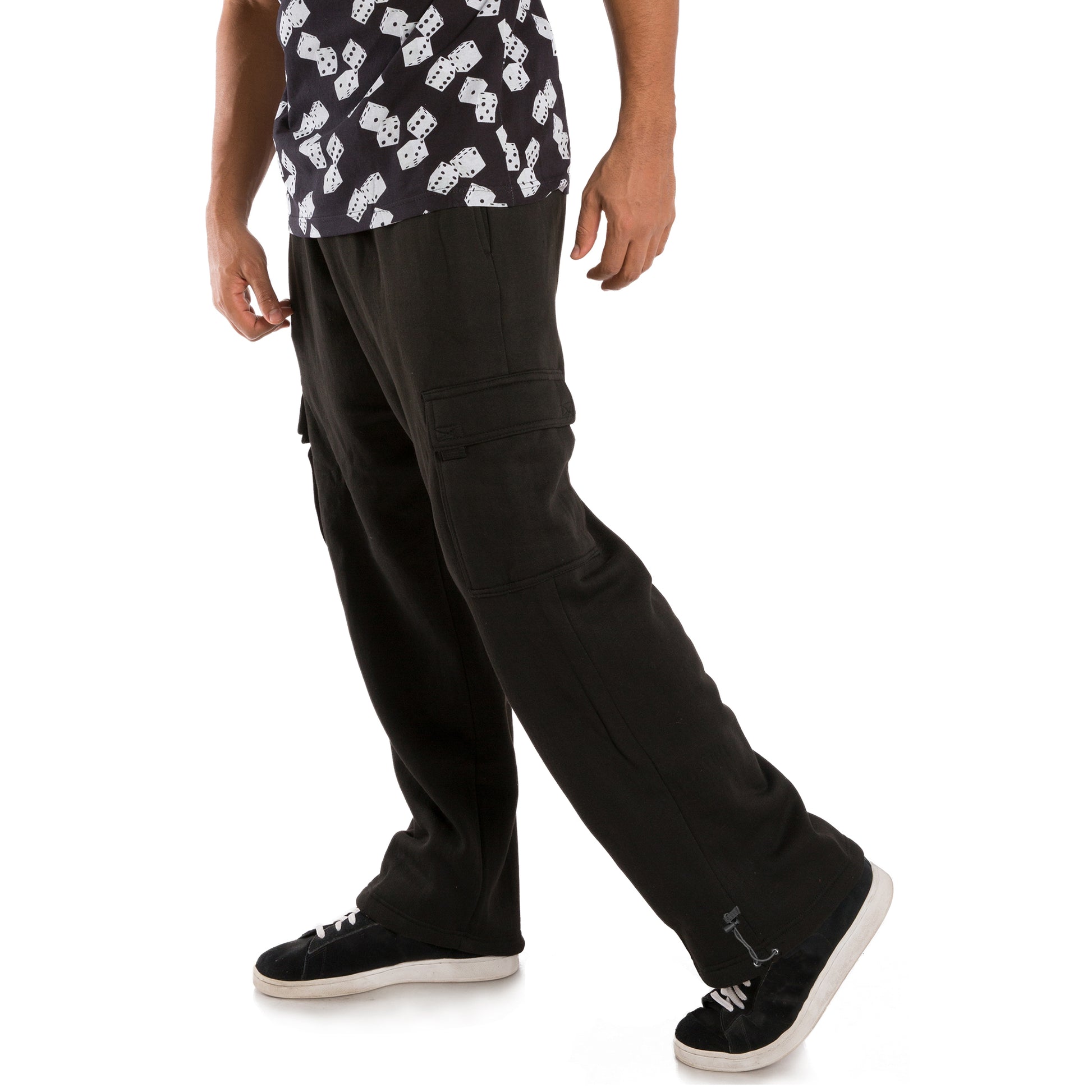 Vibes Men's Fleece Cargo Sweatpants Relaxed Fit Bungee Cord Open Bottom