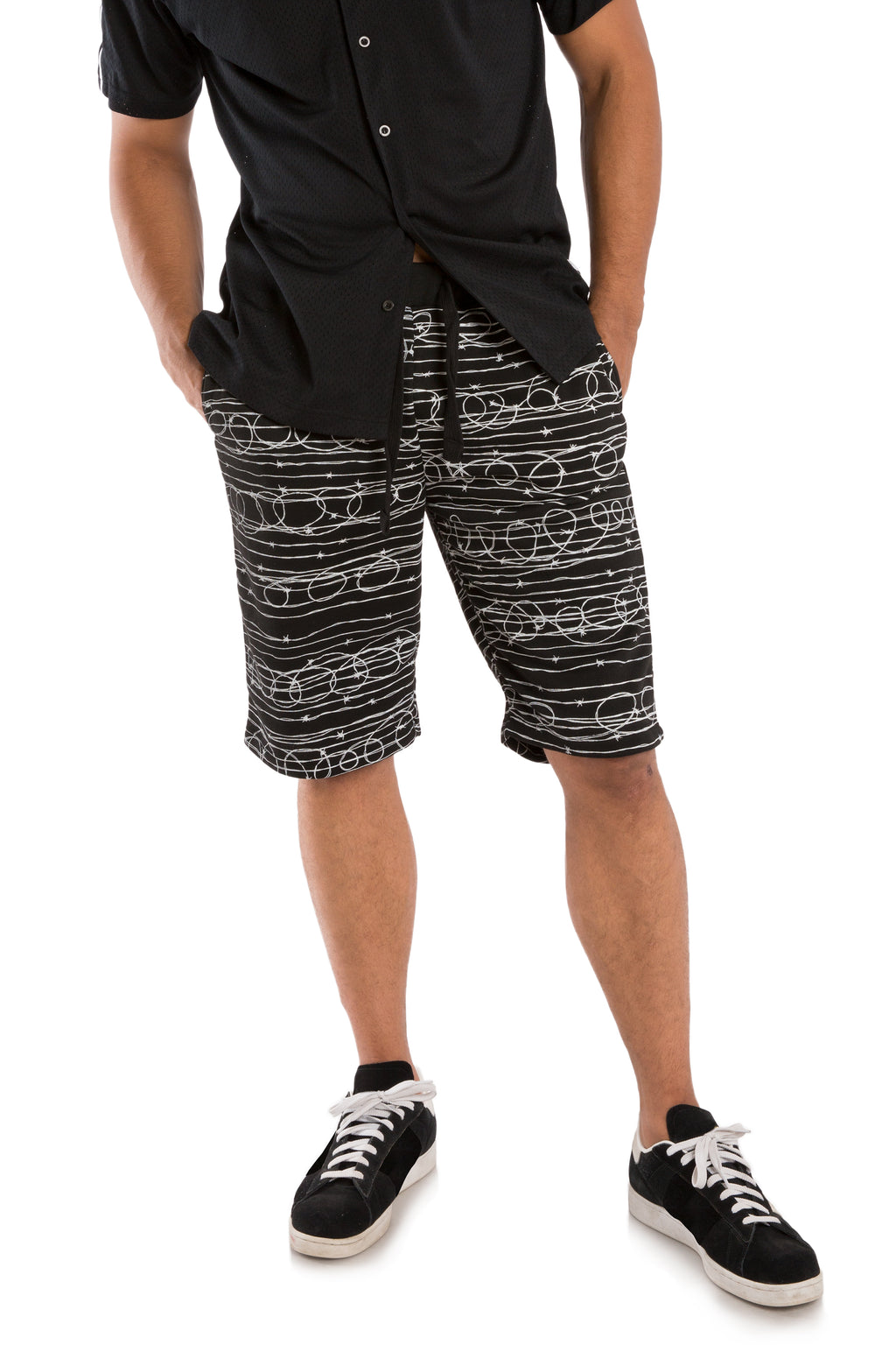 Vibes Men's Fleece Barbwire Printed Short 13" Inseam Black Rib Waistband