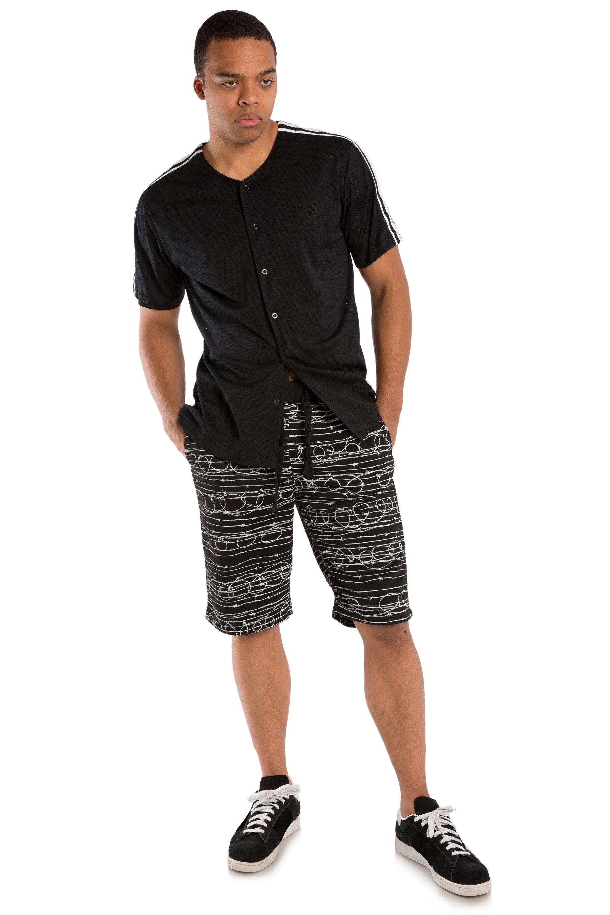 Vibes Men's Fleece Barbwire Printed Short 13" Inseam Black Rib Waistband