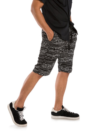 Vibes Men's Fleece Barbwire Printed Short 13" Inseam Black Rib Waistband