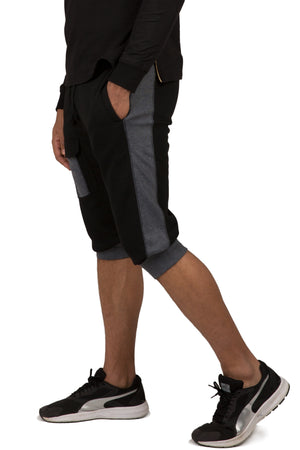 Vibes Men's Fleece Cargo Jogger Capri 18" Inseam Grey Rib Trim & Cuff