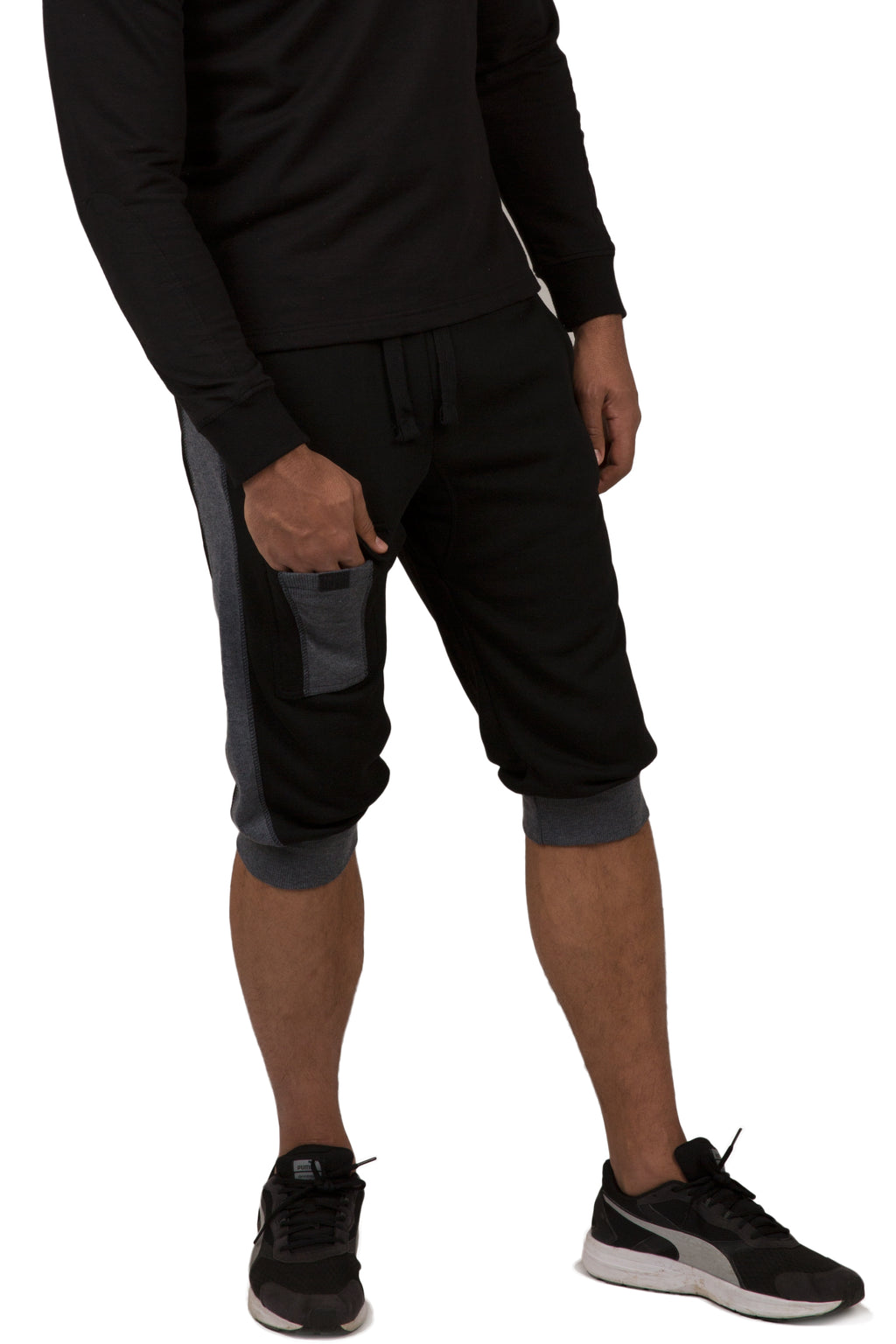 Vibes Men's Fleece Cargo Jogger Capri 18" Inseam Grey Rib Trim & Cuff