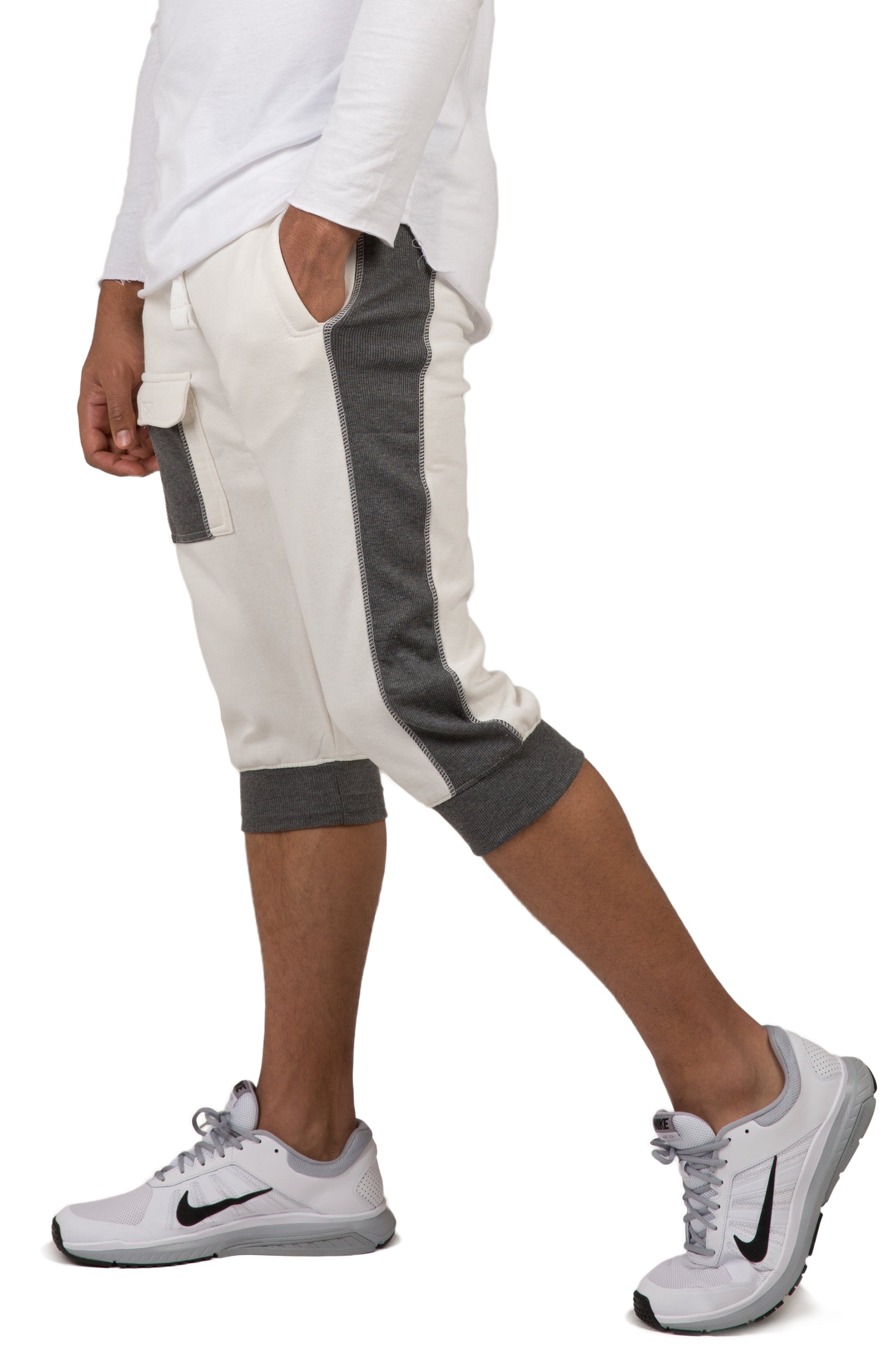 Vibes Men's Fleece Cargo Jogger Capri 18" Inseam Grey Rib Trim & Cuff