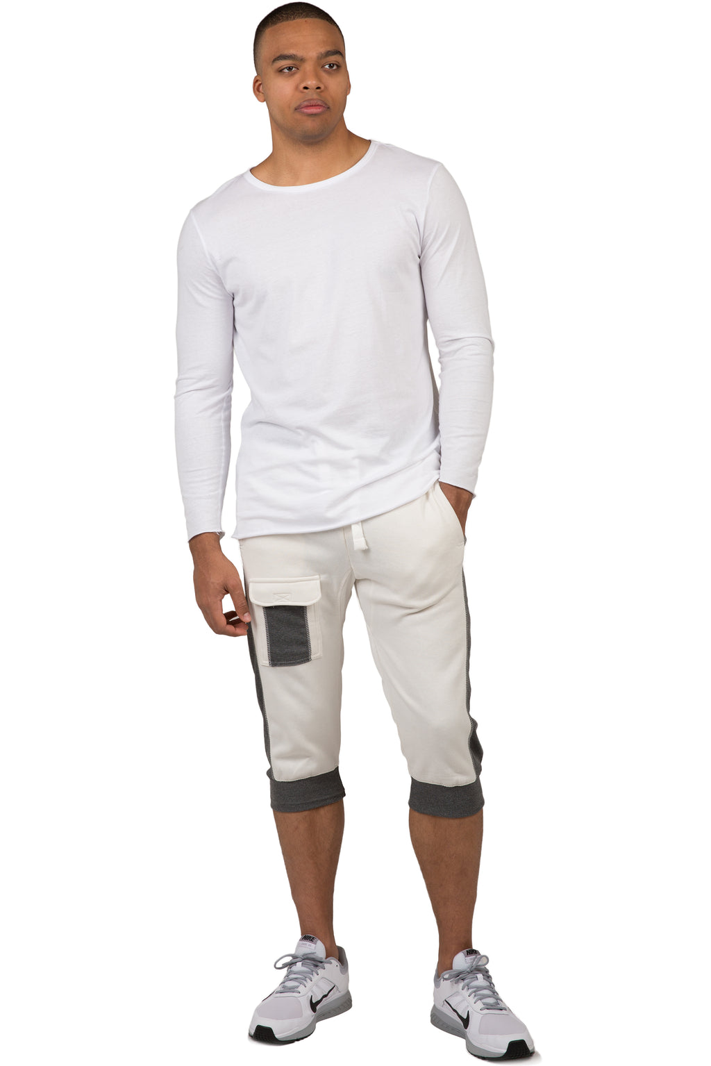 Vibes Men's Fleece Cargo Jogger Capri 18" Inseam Grey Rib Trim & Cuff