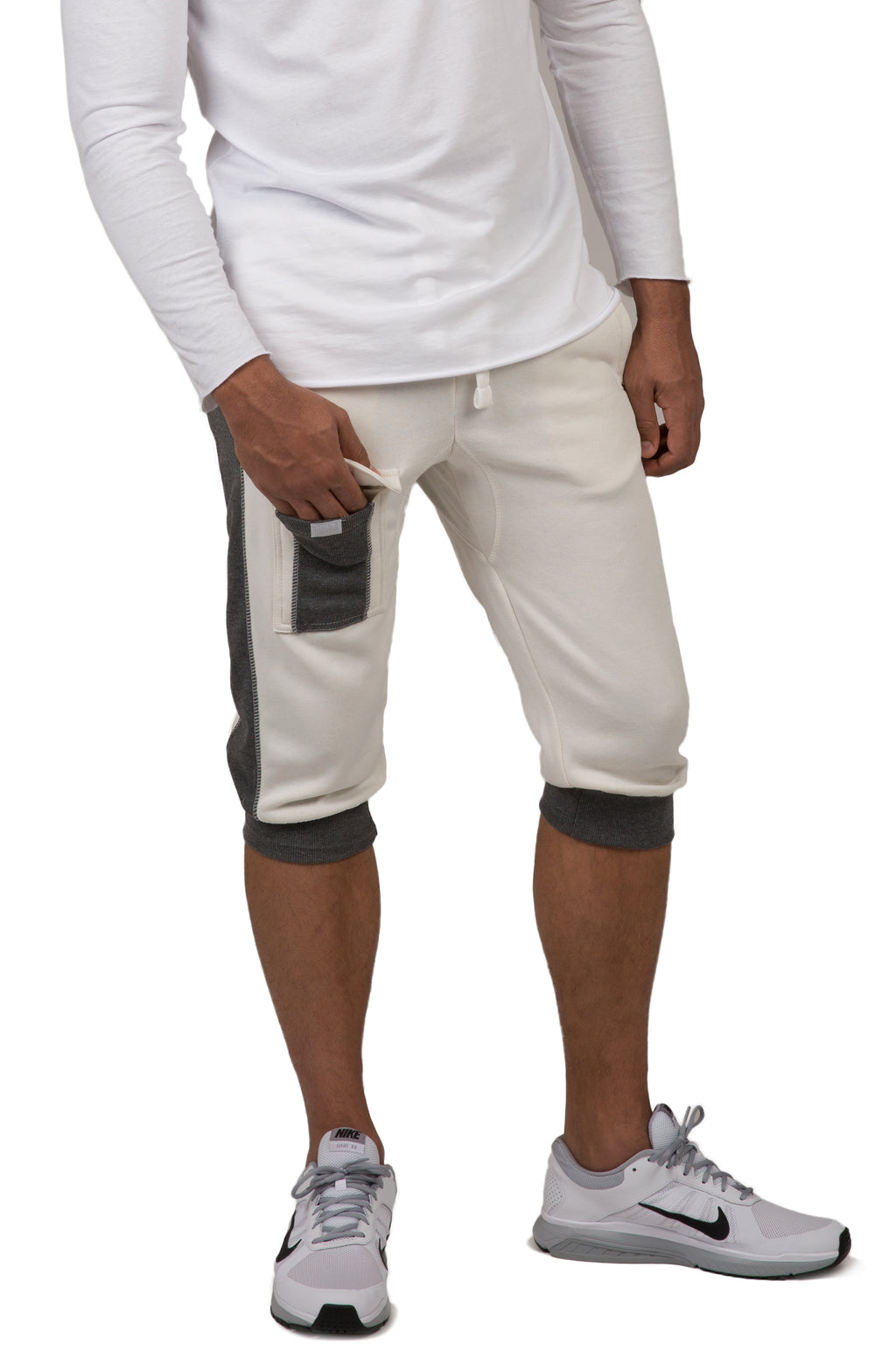 Vibes Men's Fleece Cargo Jogger Capri 18" Inseam Grey Rib Trim & Cuff