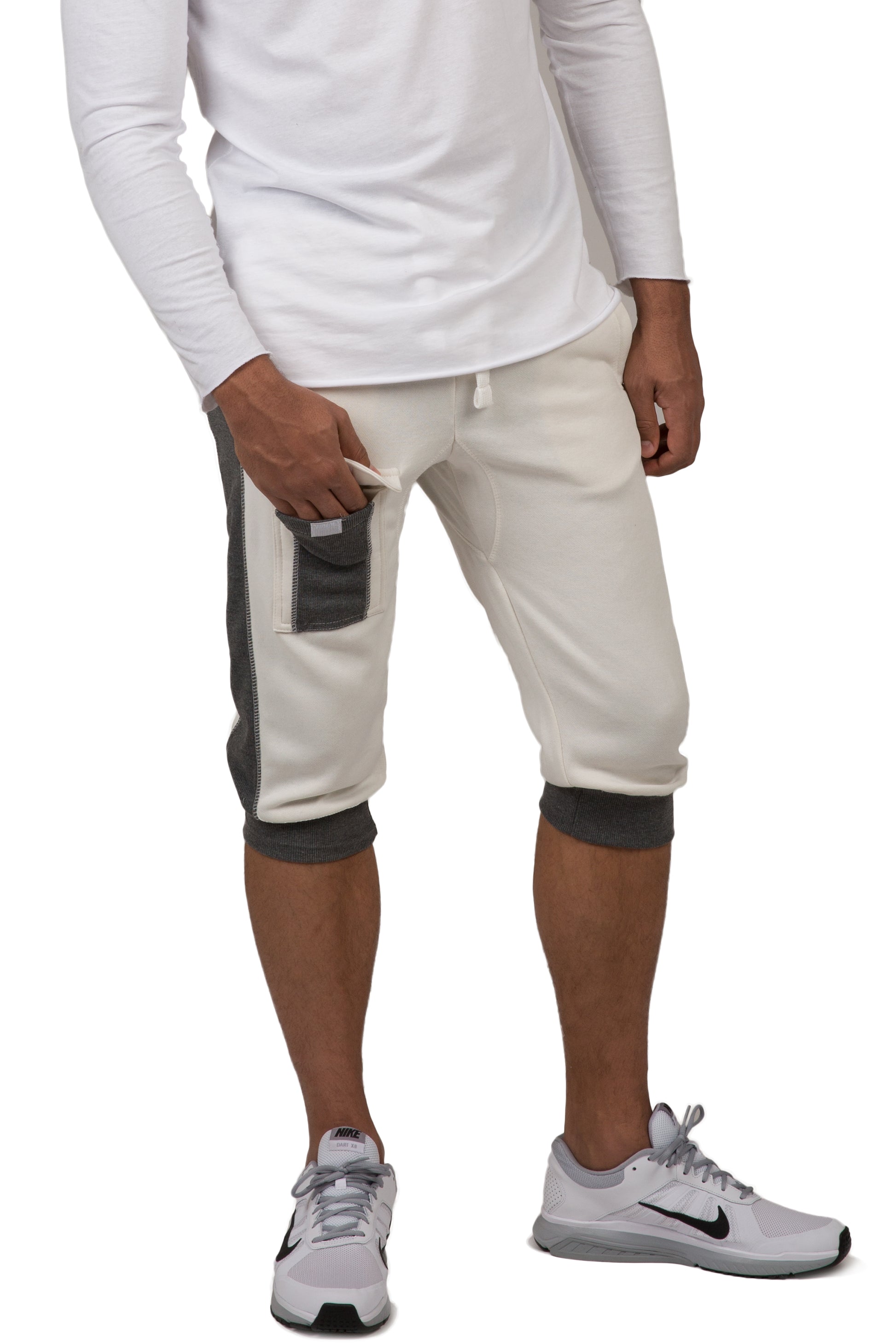 Vibes Men's Fleece Cargo Jogger Capri 18" Inseam Grey Rib Trim & Cuff