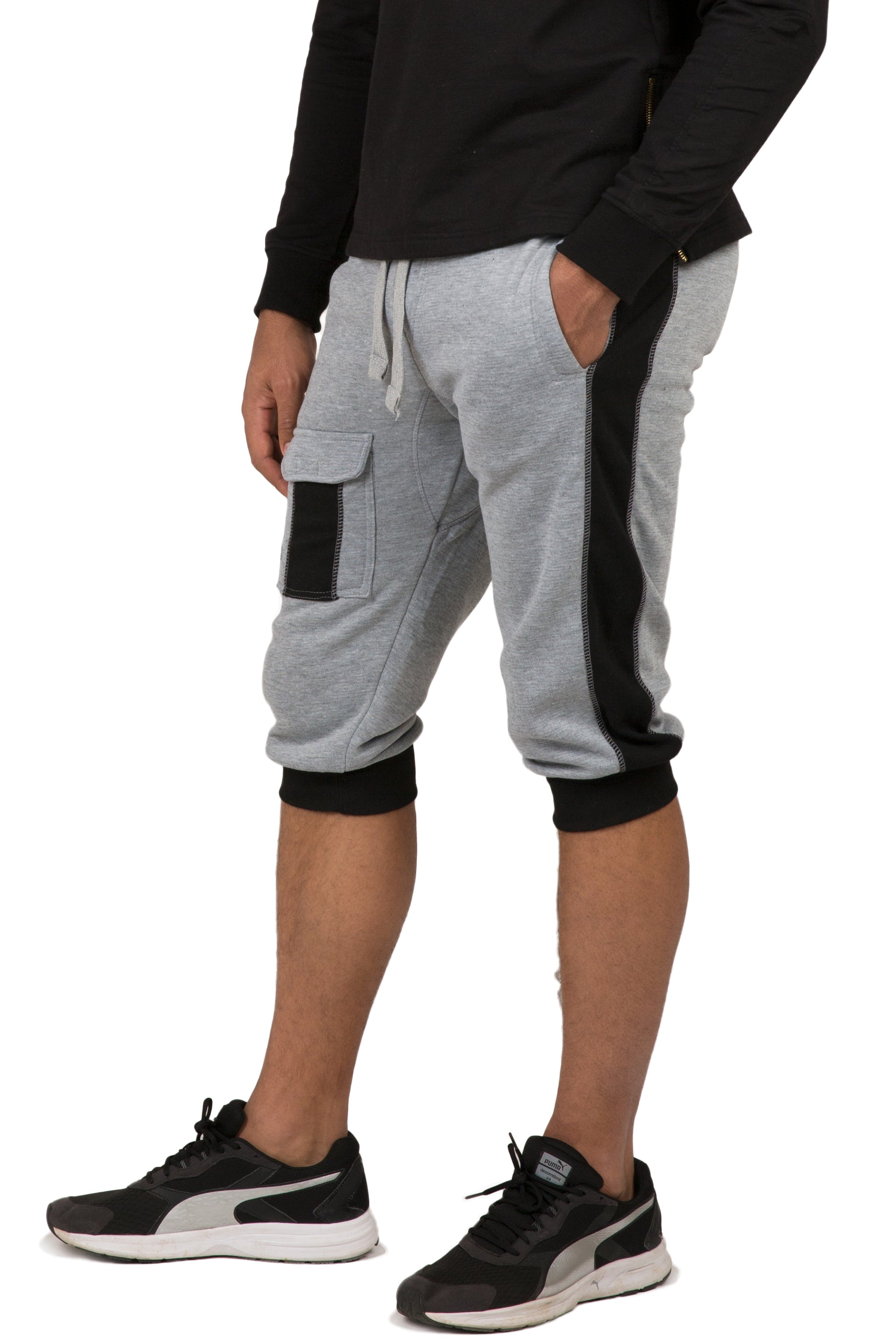 Vibes Men's Fleece Cargo Jogger Capri 18" Inseam Grey Rib Trim & Cuff