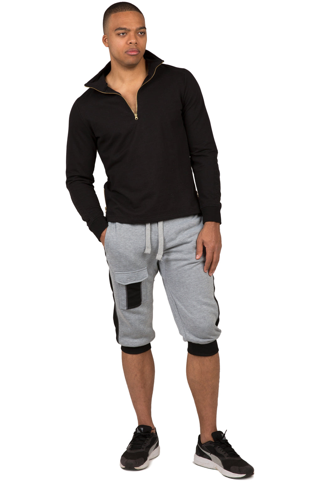 Vibes Men's Fleece Cargo Jogger Capri 18" Inseam Grey Rib Trim & Cuff