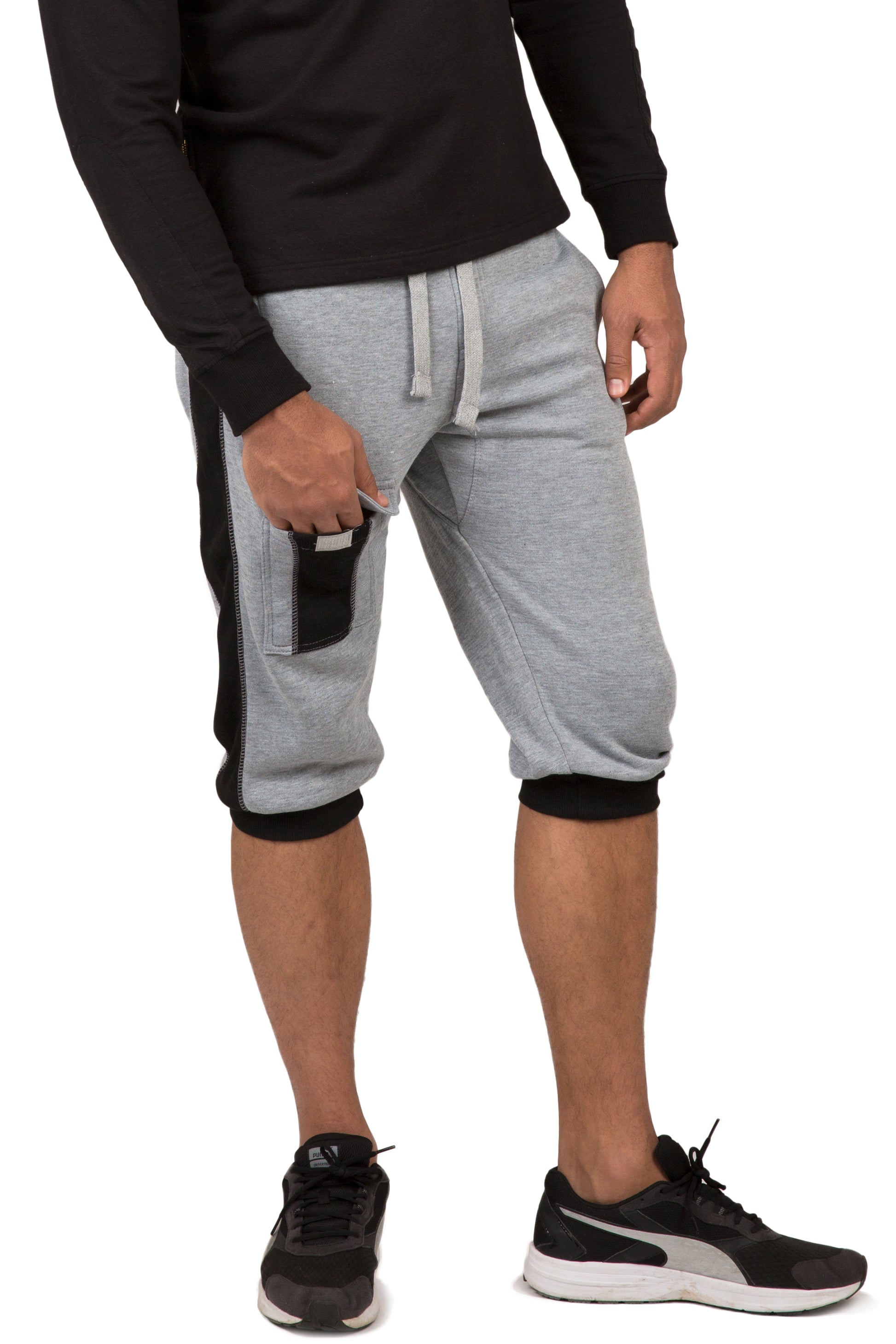Vibes Men's Fleece Cargo Jogger Capri 18" Inseam Grey Rib Trim & Cuff