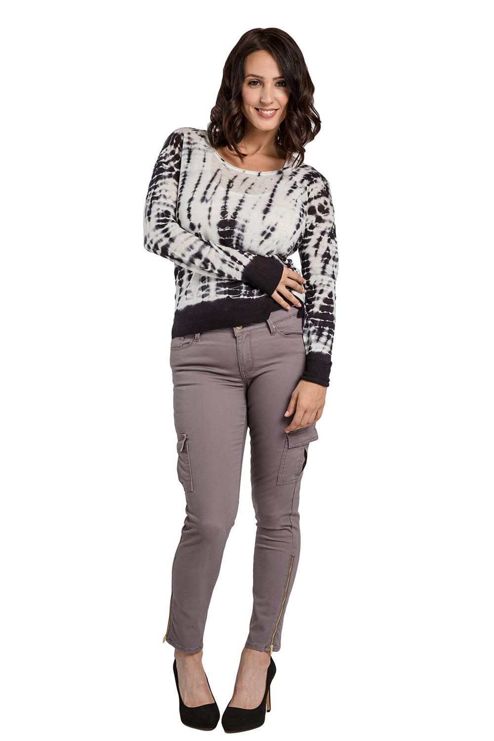 Miss Halladay Womens Hacci Knit White Black Tie Dyed Sweater Scoop Neck Side Slits