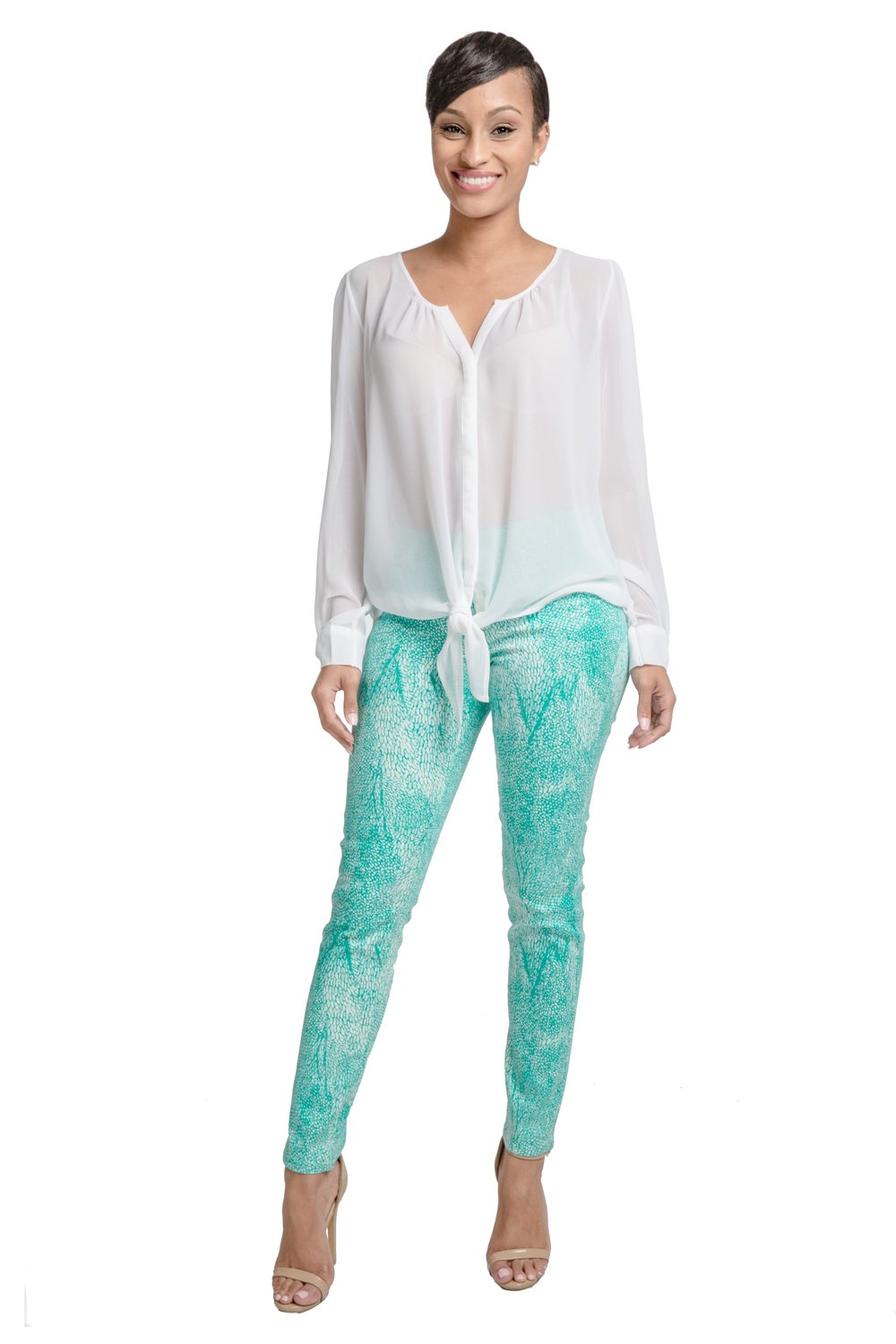 Miss Halladay Women Teal Stretch Denim Skinny Jeans Tree Skin Print Ankle Length