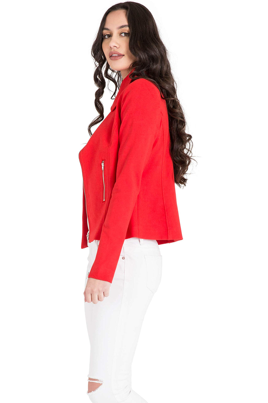 Miss Halladay Women's Red Asymmetric Zip Front Blazer Jacket Zip Pockets & Cuff