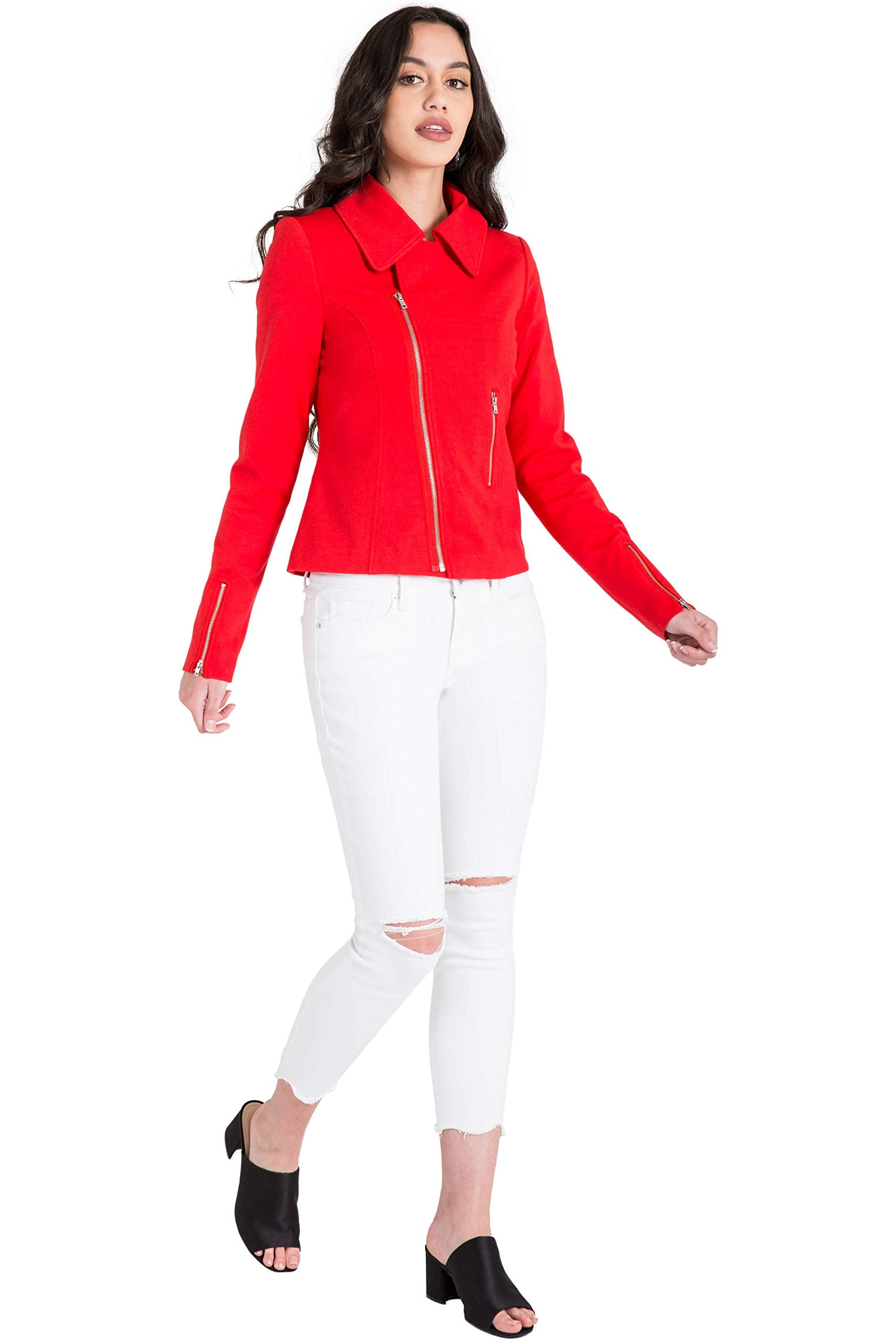 Miss Halladay Women's Red Asymmetric Zip Front Blazer Jacket Zip Pockets & Cuff