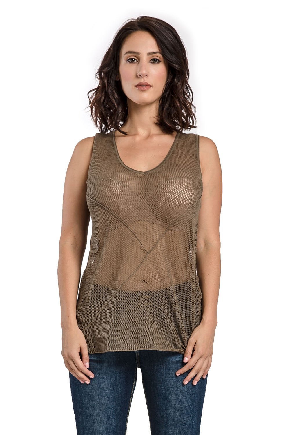 Miss Halladay Womens Olive Mesh Knit Tunic Tank Sweater Scoop Neck Front Cut Line