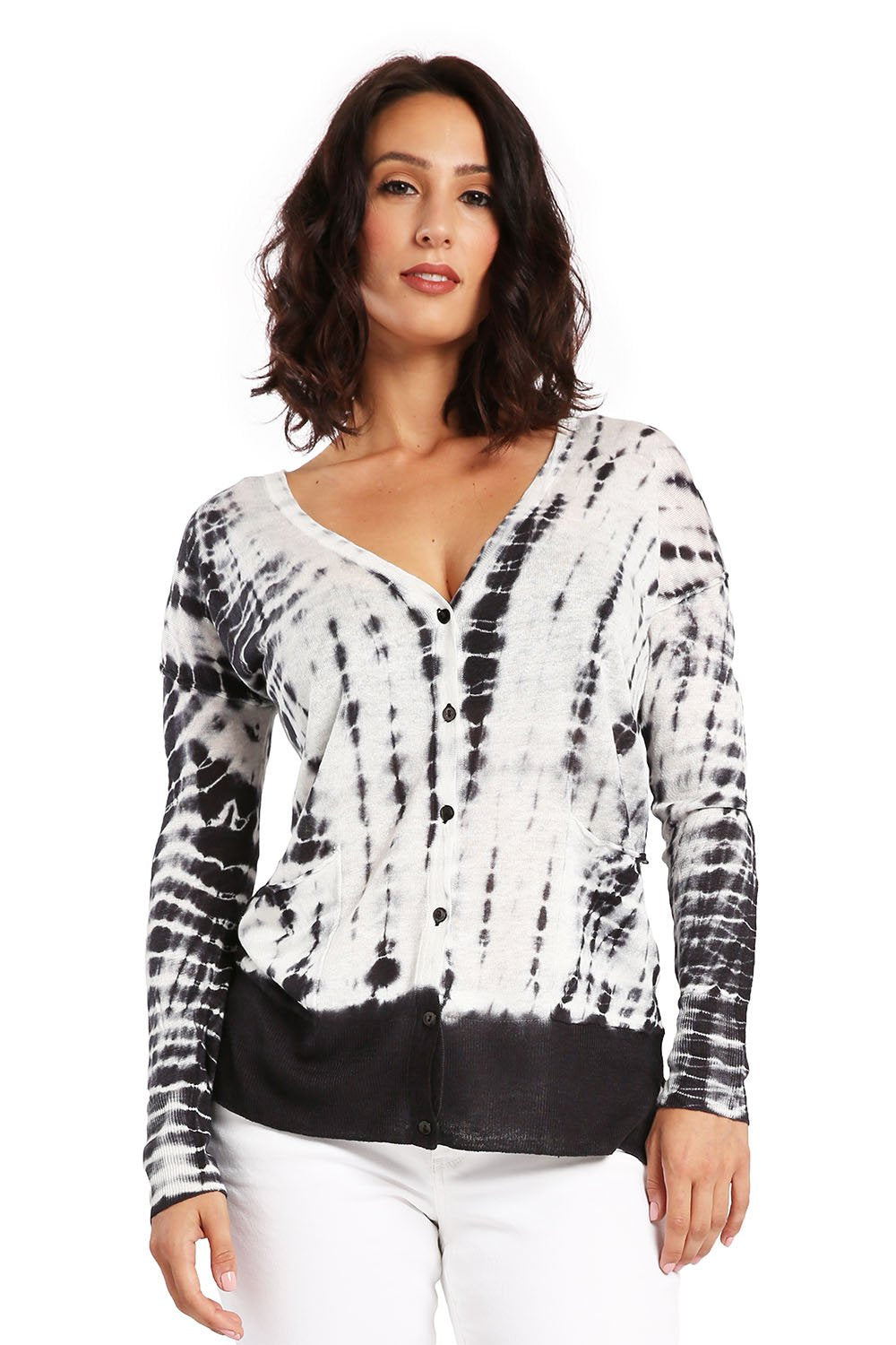 Miss Halladay Women's Hacci Knit Tie Dye Button Up Cardigan Front Pocketes