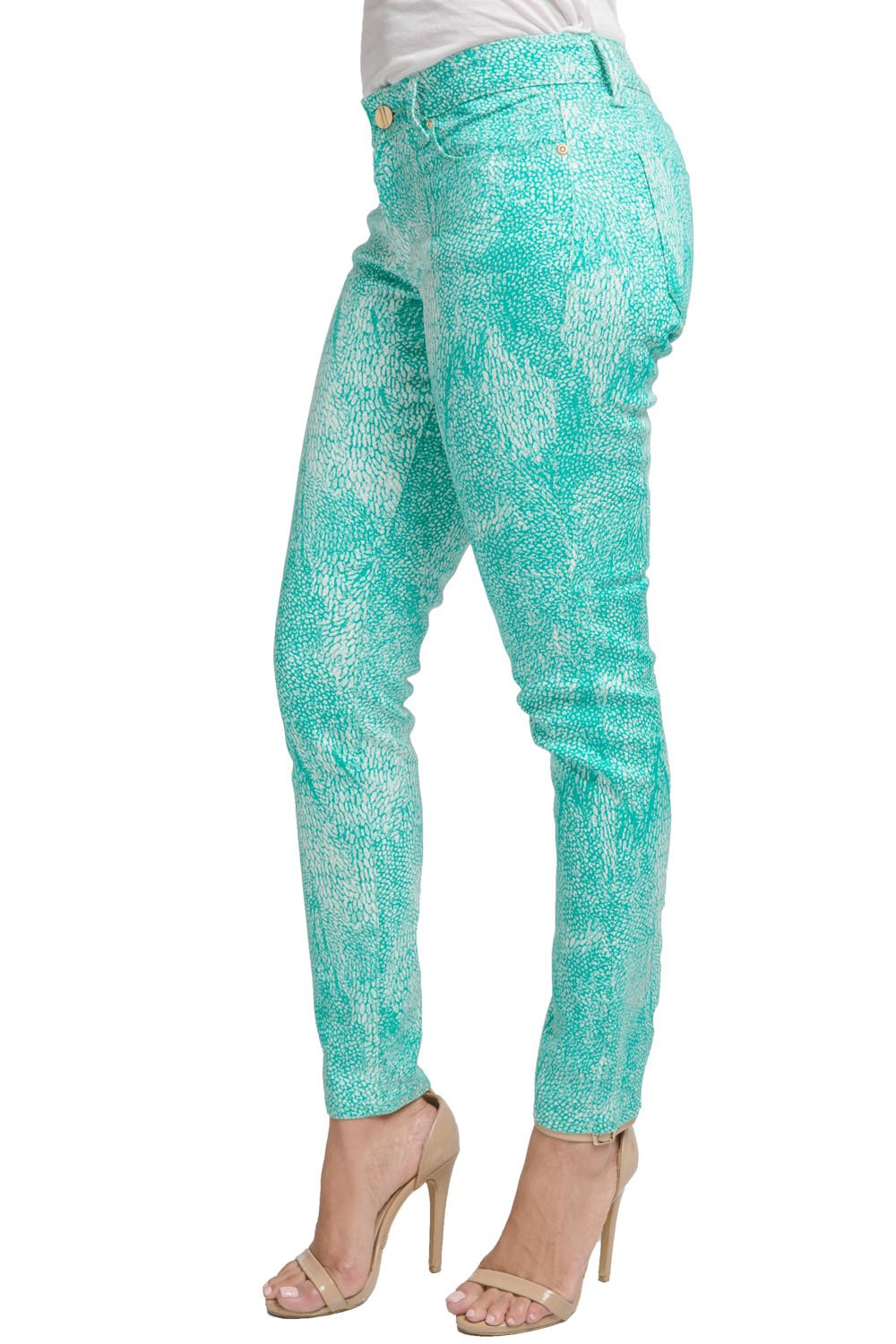 Miss Halladay Women Teal Stretch Denim Skinny Jeans Tree Skin Print Ankle Length