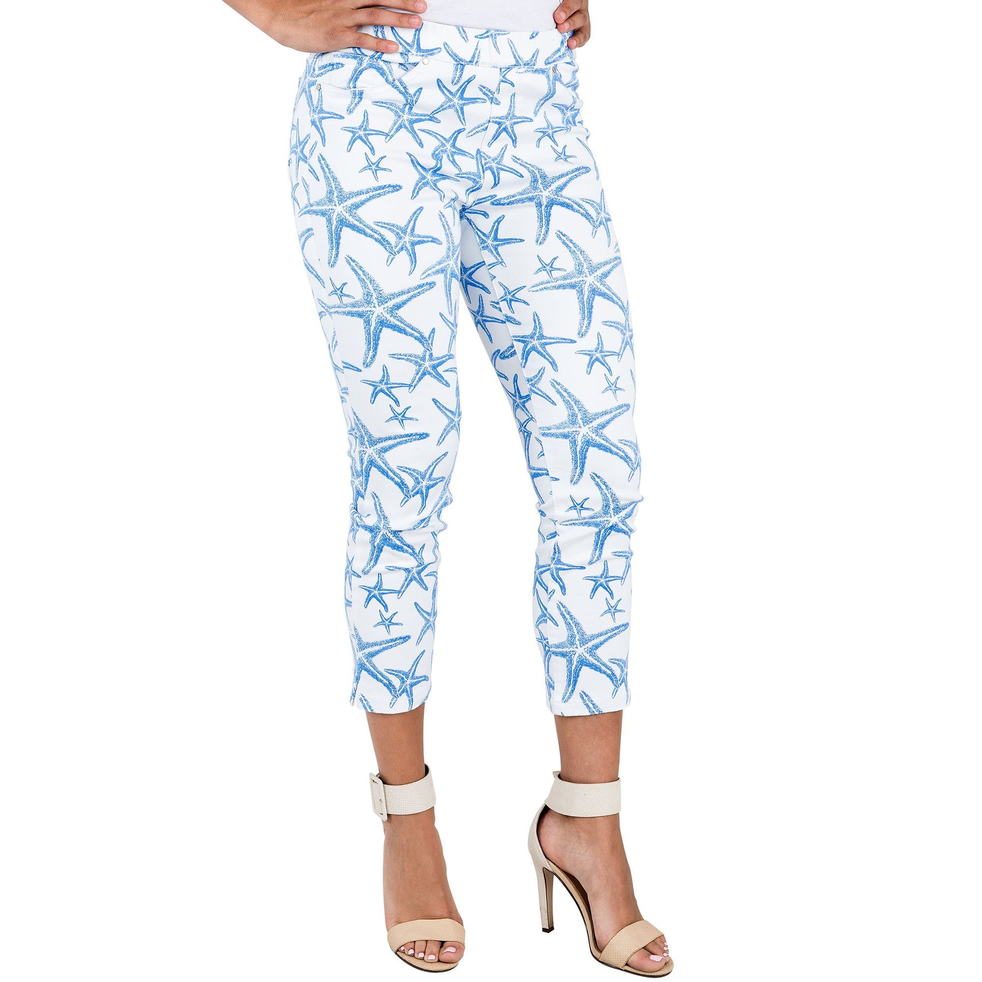 Miss Halladay Women's White Stretch Twill Slim Capri Jegging Beachy Star Printed