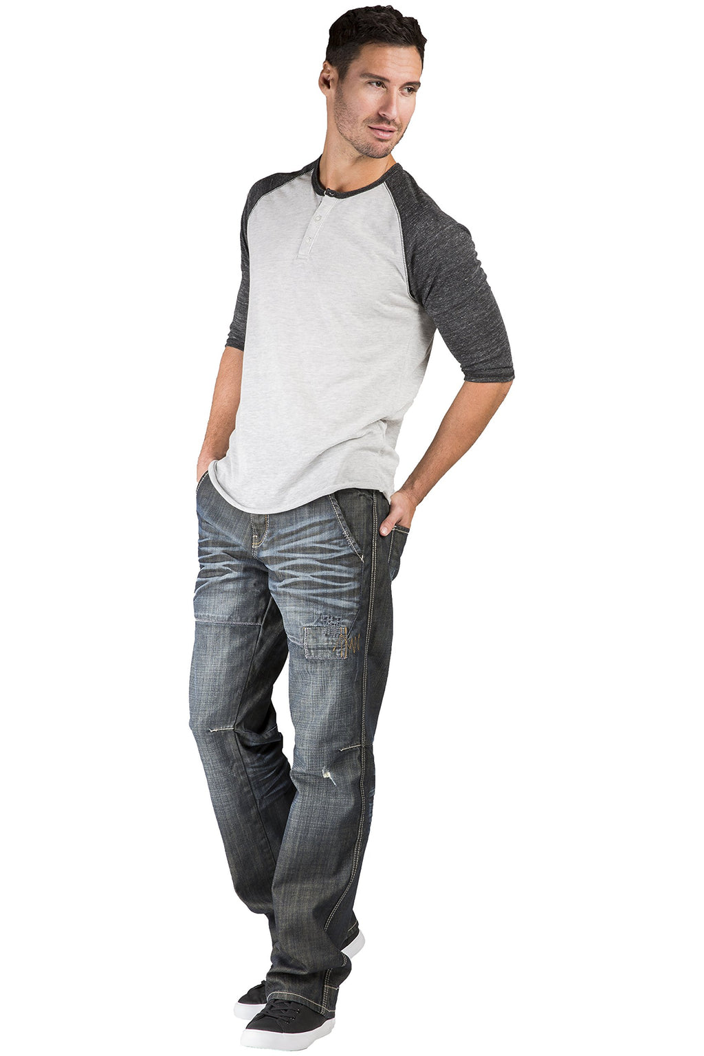 Level 7 Men's Relaxed Straight Premium Jeans Dark Stone Wash Ripped & Repaired