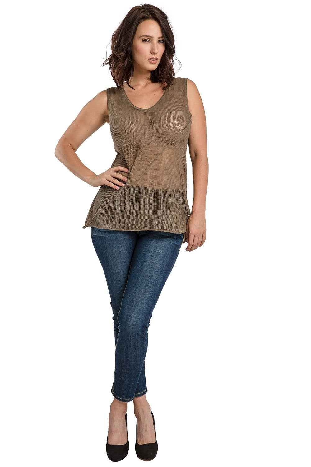 Miss Halladay Womens Olive Mesh Knit Tunic Tank Sweater Scoop Neck Front Cut Line