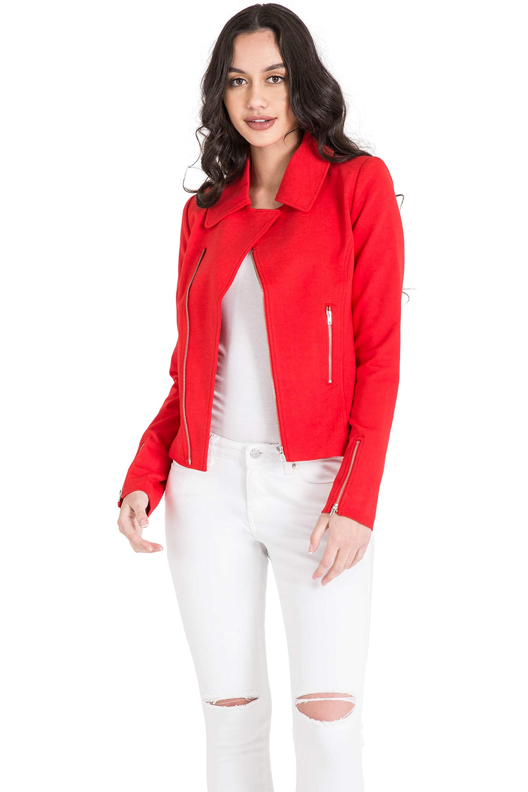 Miss Halladay Women's Red Asymmetric Zip Front Blazer Jacket Zip Pockets & Cuff