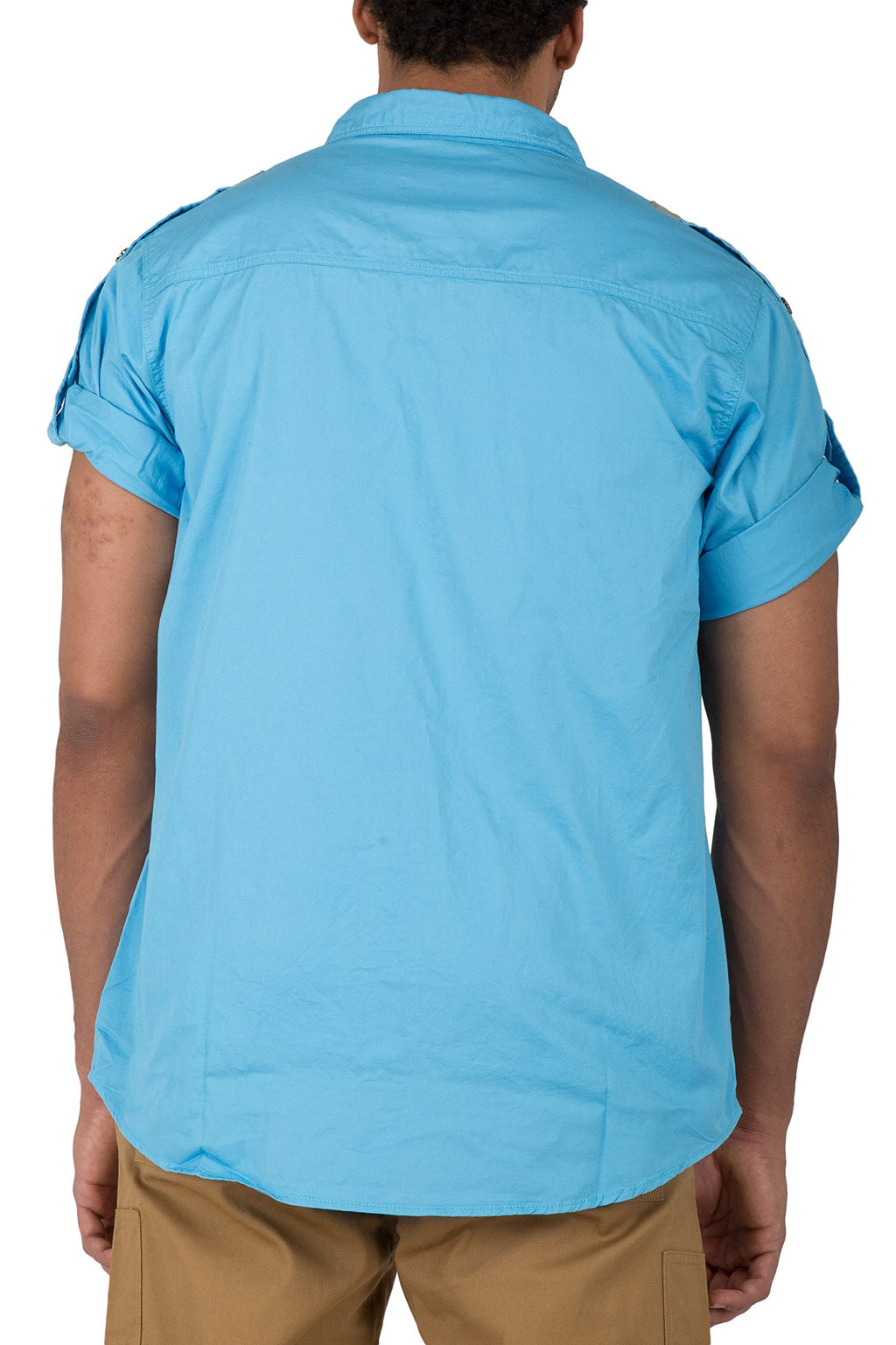 VIBES Mens Military Style Epaulette and Taping Roll Up Short Sleeve Shirt