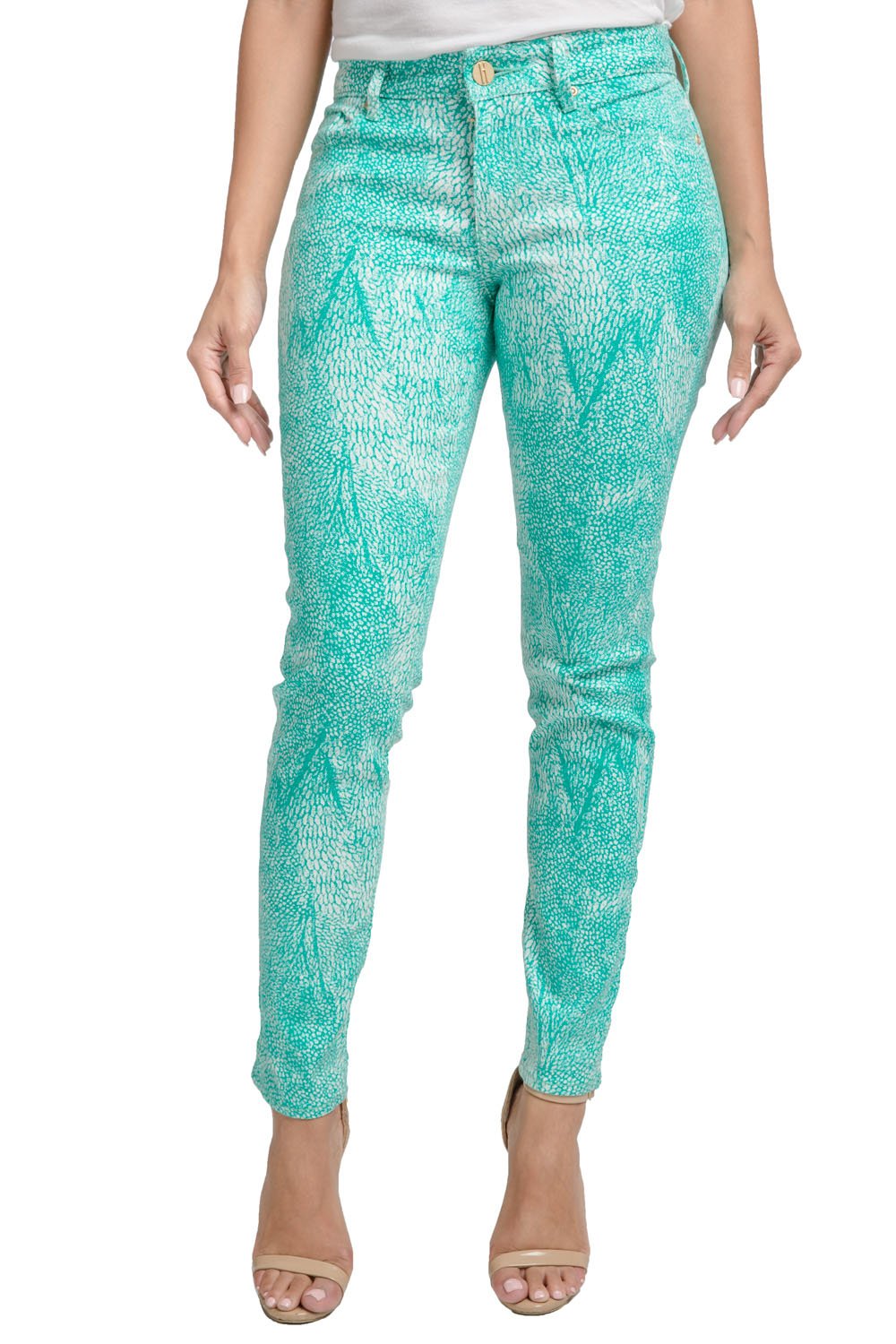 Miss Halladay Women Teal Stretch Denim Skinny Jeans Tree Skin Print Ankle Length