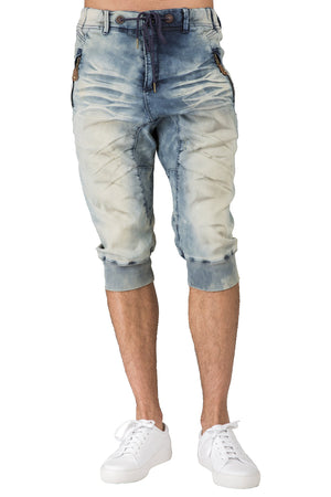 Level 7 Men's Premium Jogger Capri Knit Denim Shorts Tinted Clouded Blue 18" Inseam