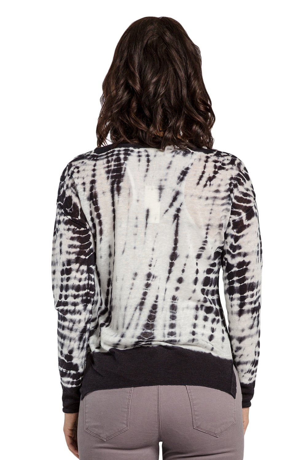 Miss Halladay Womens Hacci Knit White Black Tie Dyed Sweater Scoop Neck Side Slits