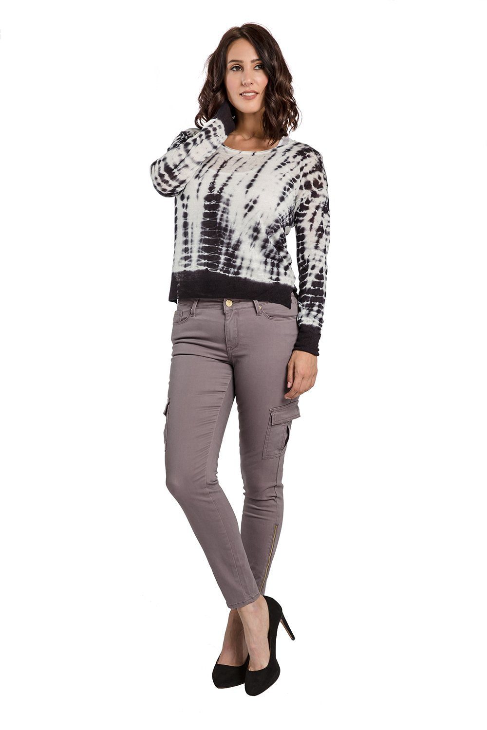 Miss Halladay Womens Hacci Knit White Black Tie Dyed Sweater Scoop Neck Side Slits