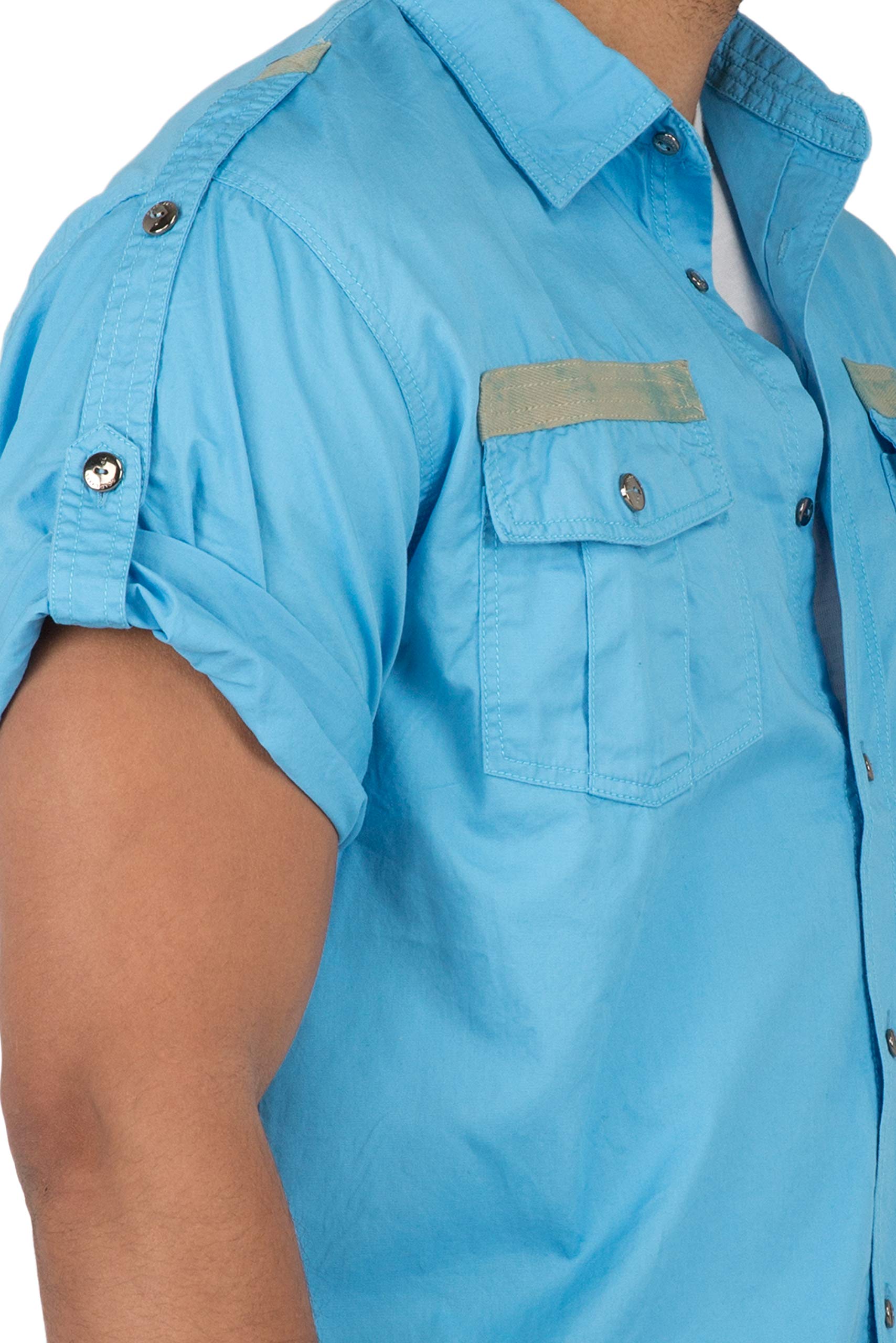 VIBES Mens Military Style Epaulette and Taping Roll Up Short Sleeve Shirt