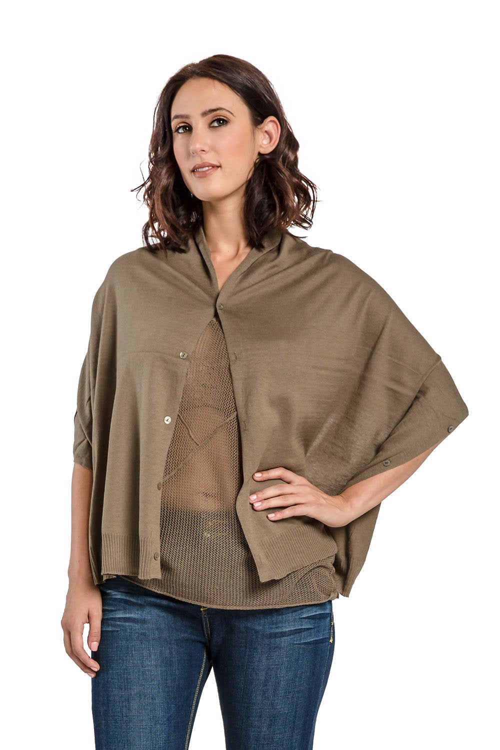 Miss Halladay Women's Fine Gauge Sweater Knit Versatile Stole Button Korvette Poncho
