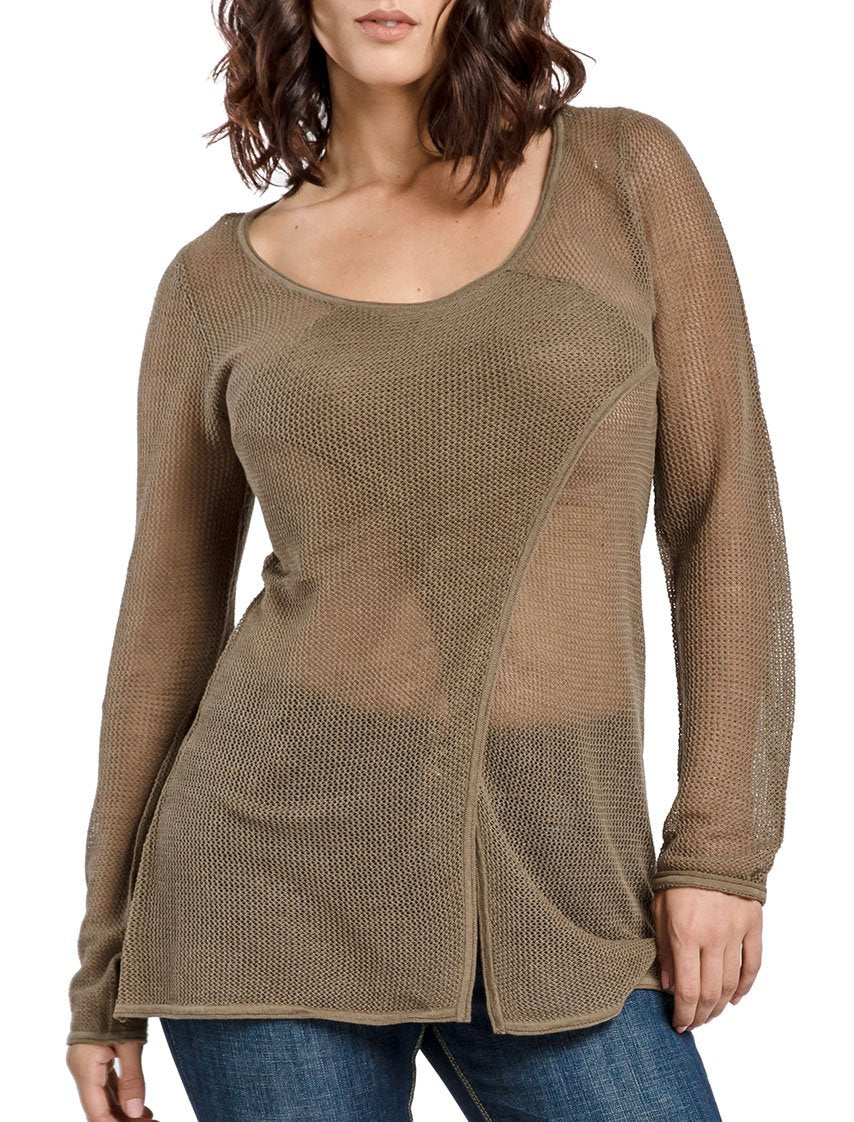 Miss Halladay Womens Olive Mesh Knit Tunic Sweater Scoop Neck Crossover Panel Long Sleeve