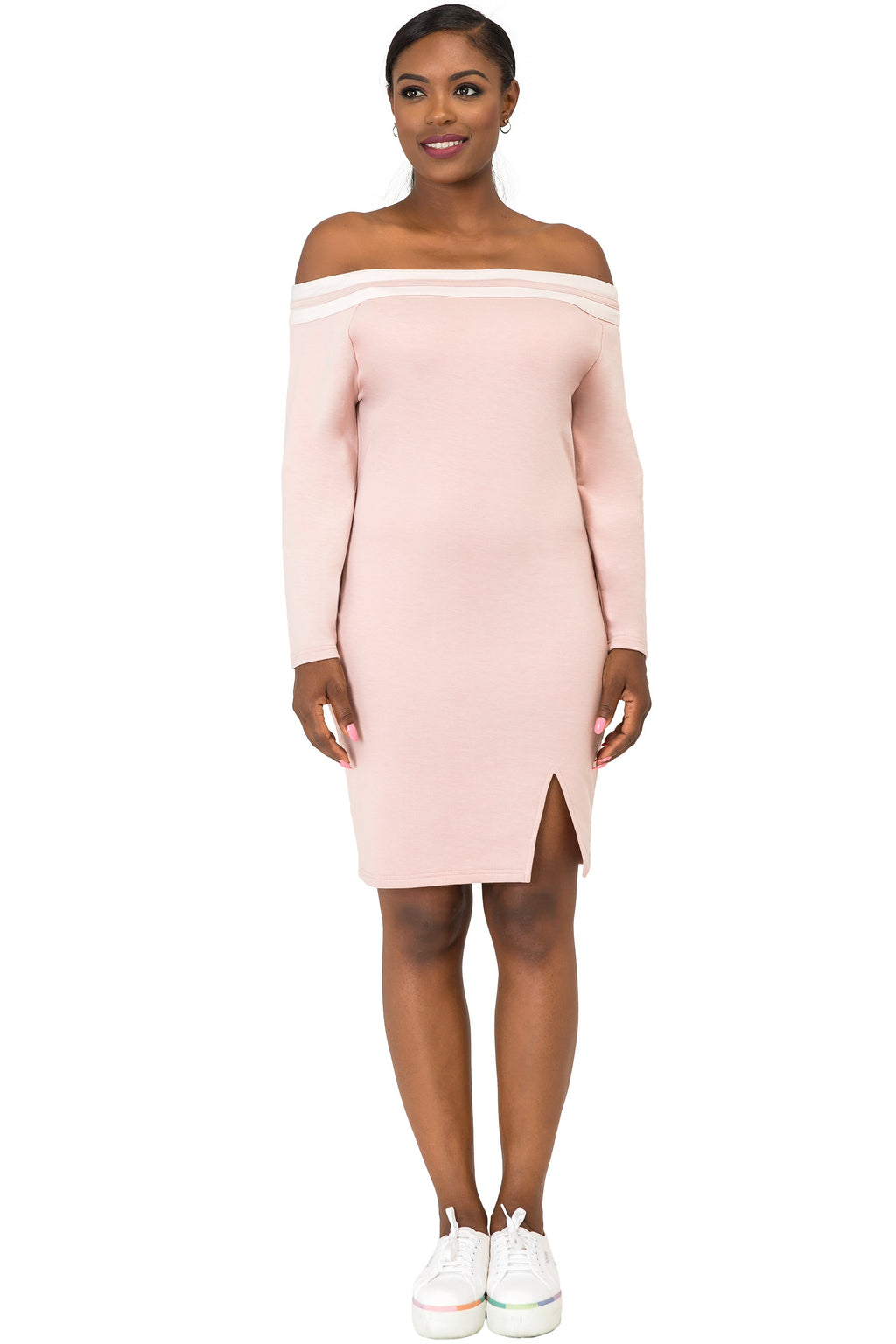 Poetic Justice Curvy Women's Atheletic Stripe Off-The-Shoulder Knee-Length Dress