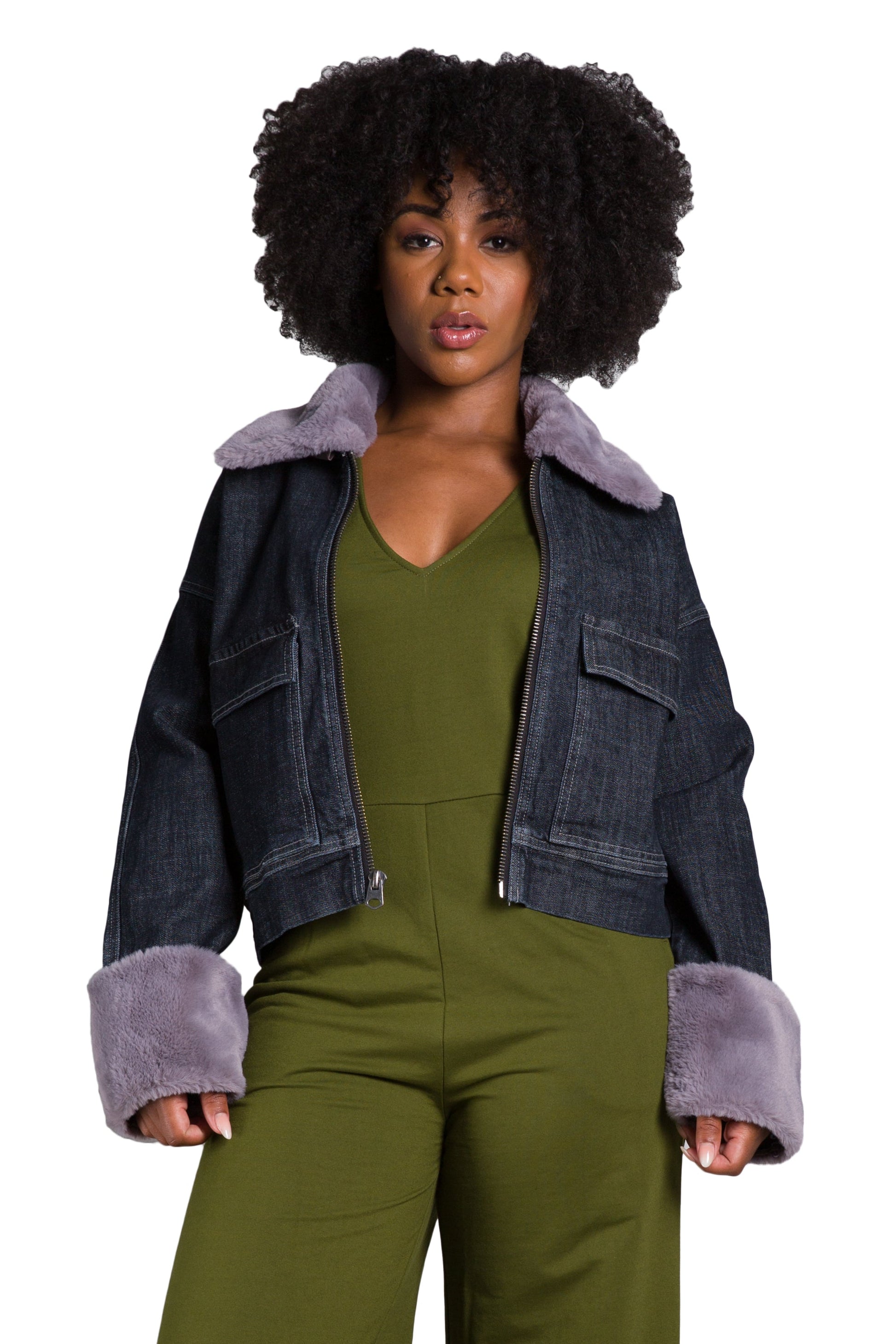 Poetic Justice Women's Zip Up Faux Fur Trim Trucker Jacket