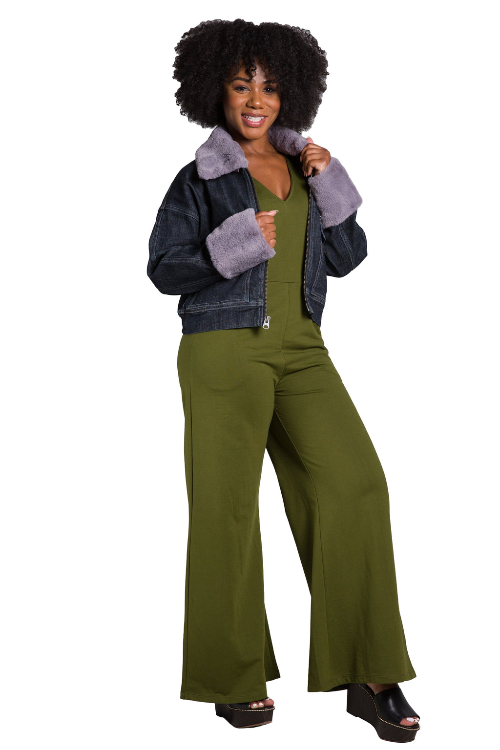 Poetic Justice Women's Zip Up Faux Fur Trim Trucker Jacket