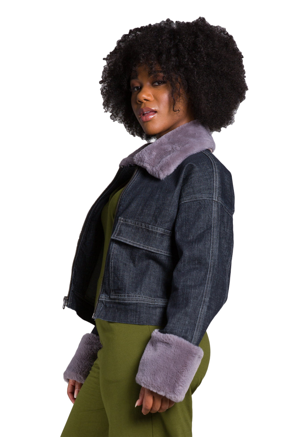 Poetic Justice Women's Zip Up Faux Fur Trim Trucker Jacket