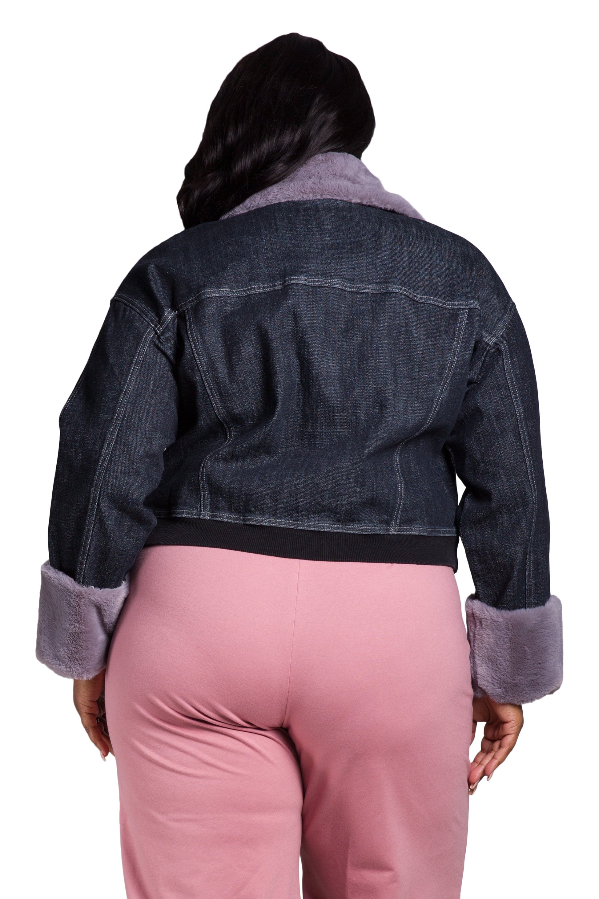 Poetic Justice Women's Plus Size Zip Up Faux Fur Trim Trucker Jacket
