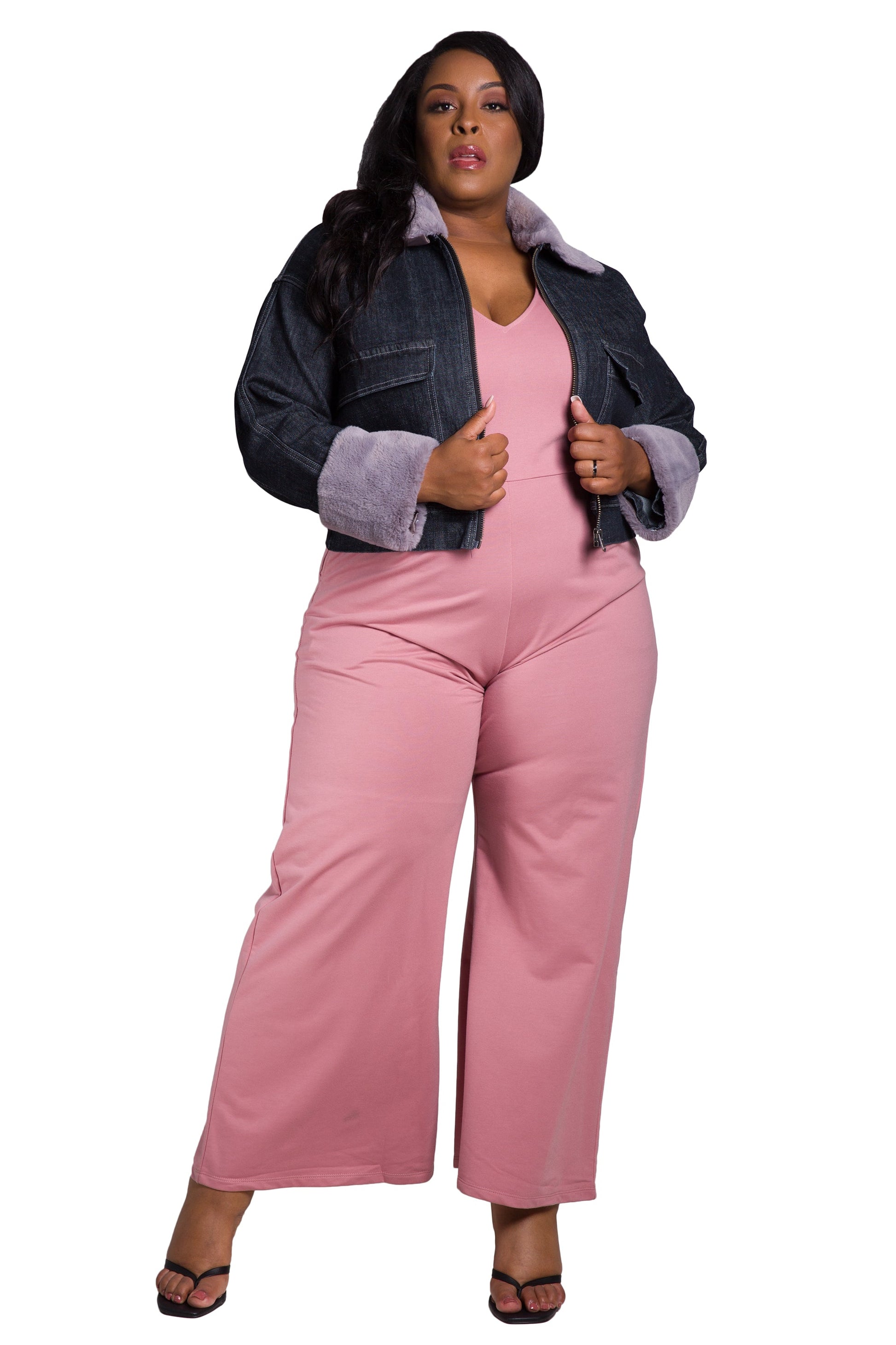 Poetic Justice Women's Plus Size Zip Up Faux Fur Trim Trucker Jacket