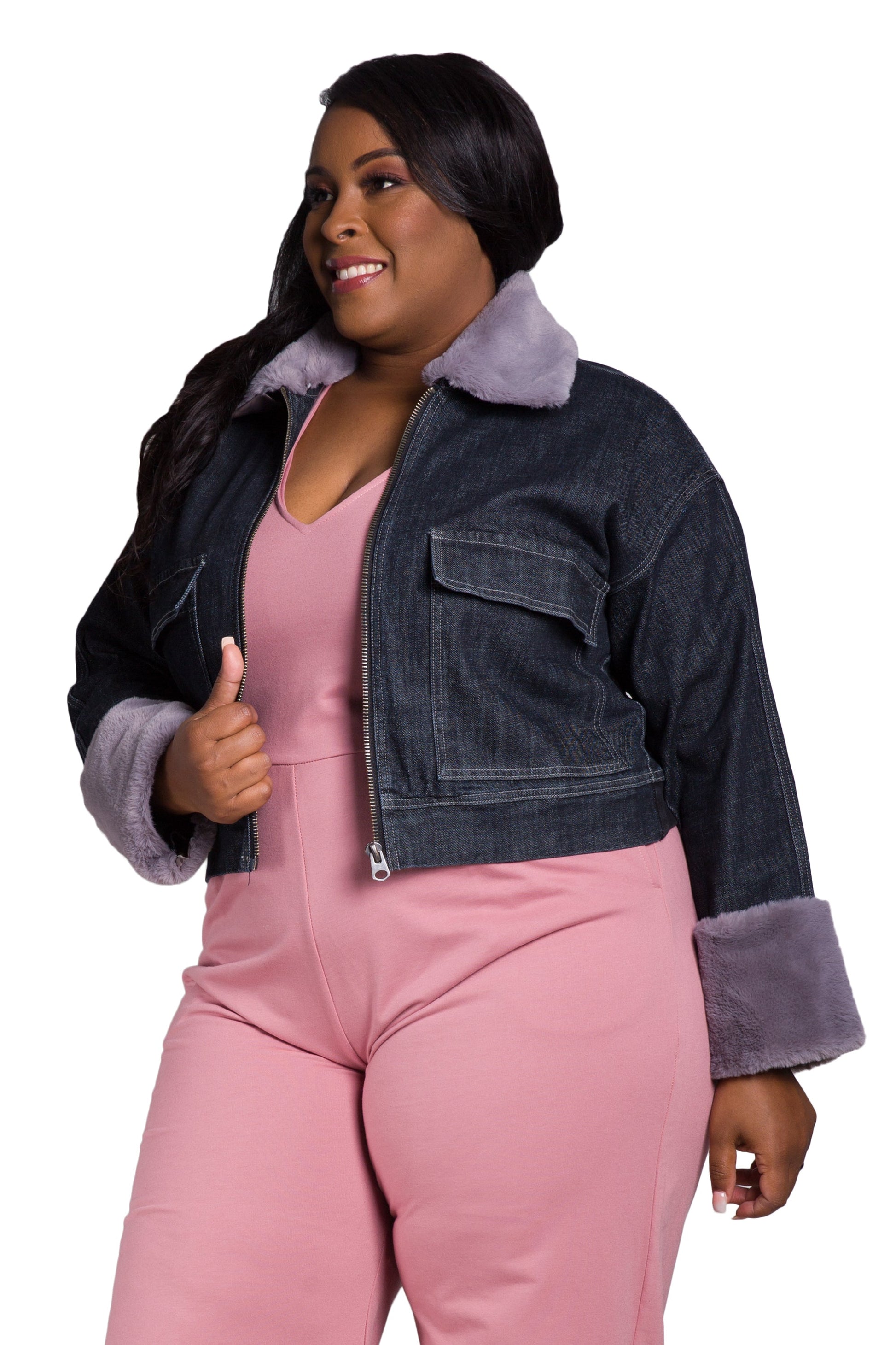 Poetic Justice Women's Plus Size Zip Up Faux Fur Trim Trucker Jacket