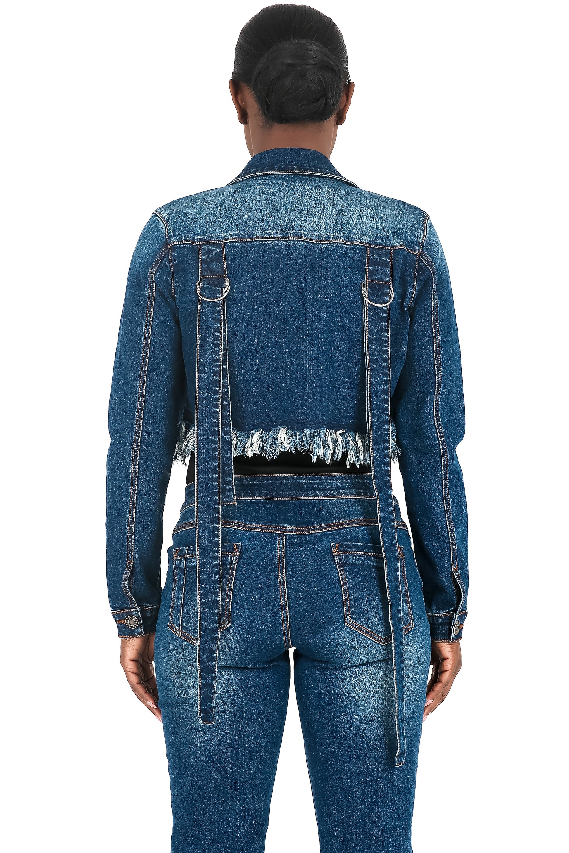 Poetic Justice Curvy Women's Strap Frayed Hem Indigo Tinted Cropped Jean Jacket
