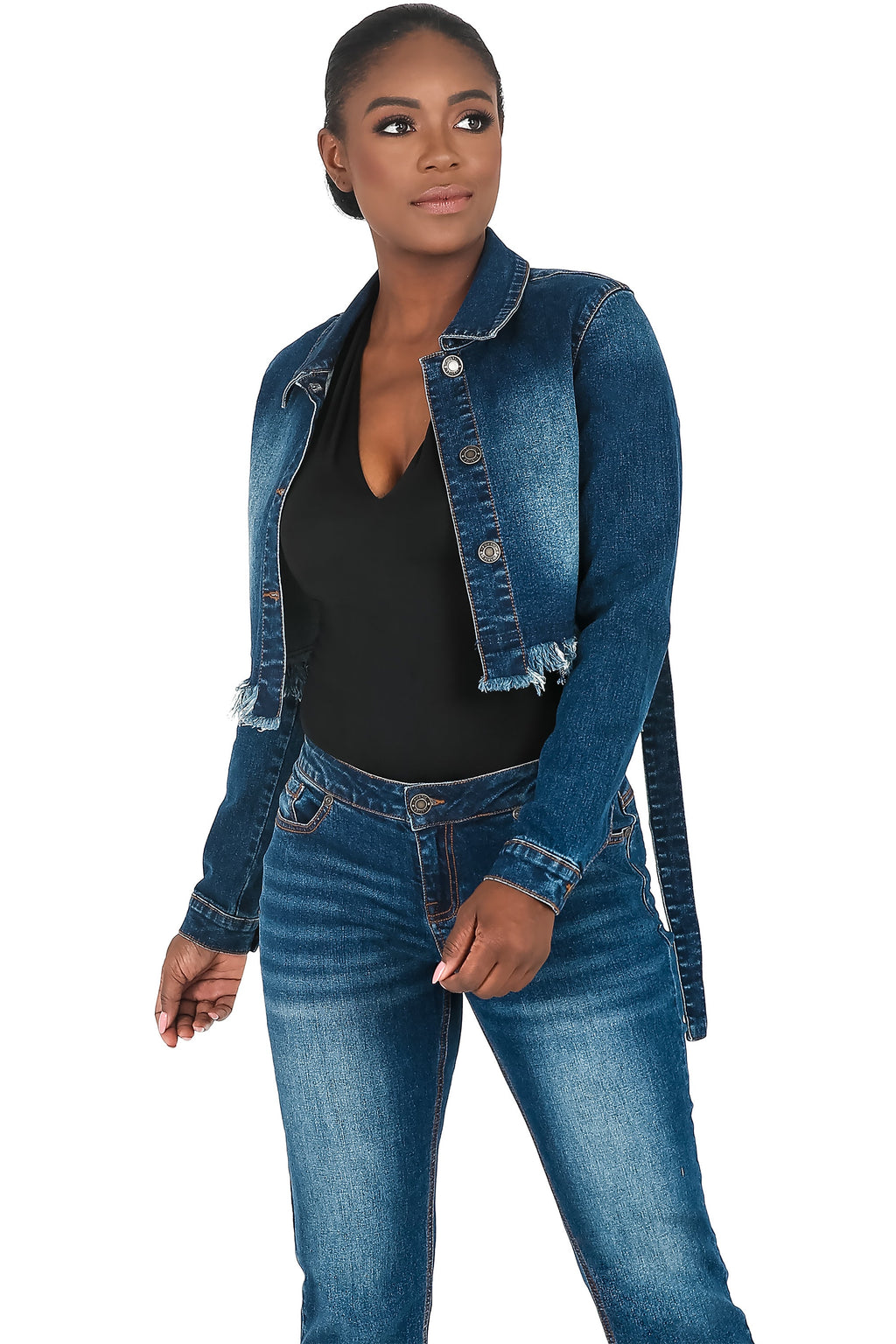Poetic Justice Curvy Women's Strap Frayed Hem Indigo Tinted Cropped Jean Jacket