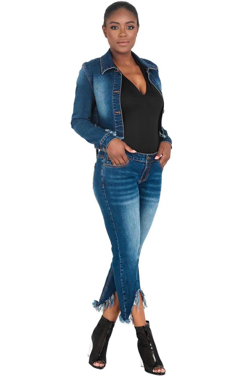 Poetic Justice Curvy Women's Strap Frayed Hem Indigo Tinted Cropped Jean Jacket