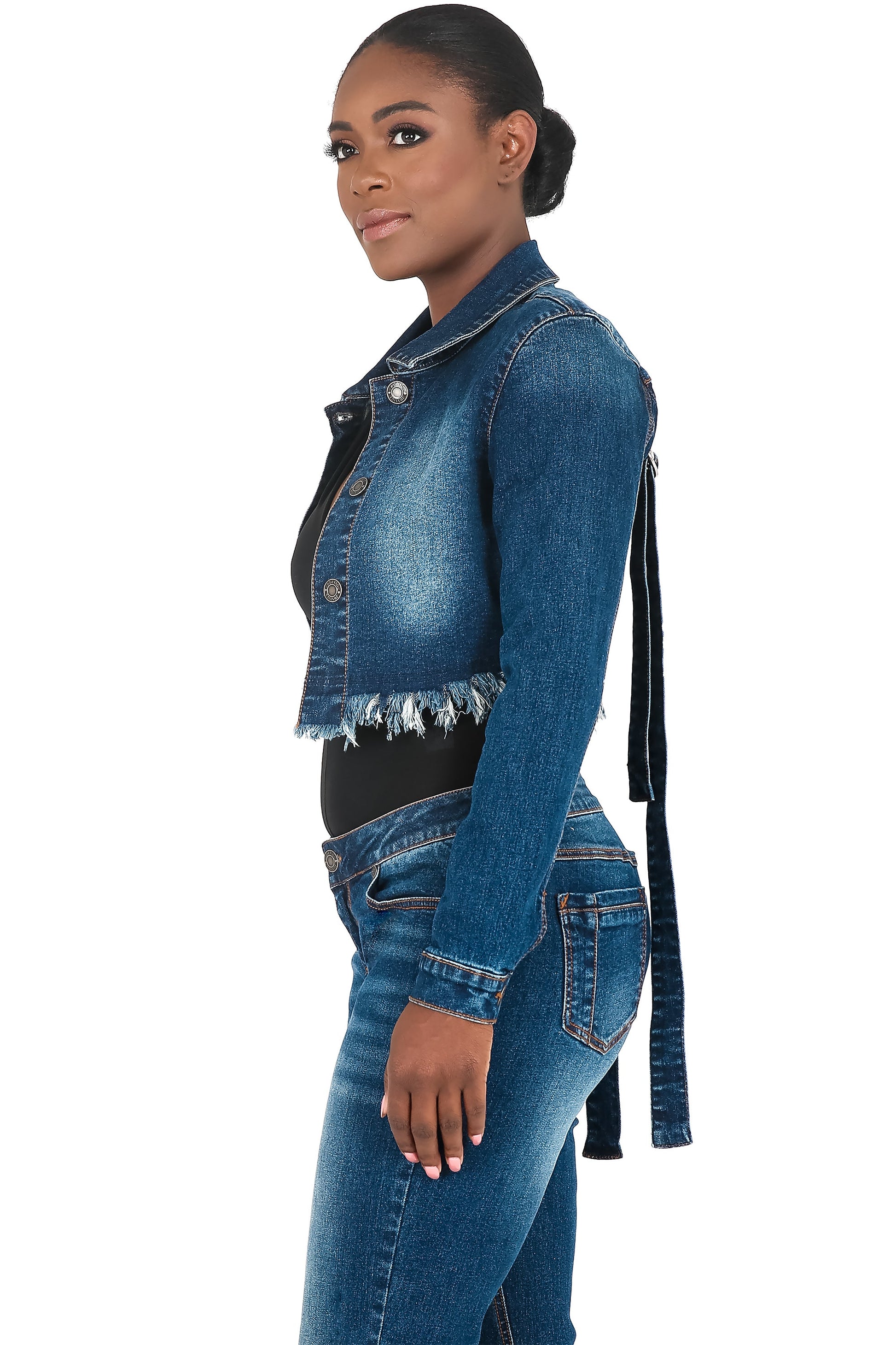 Poetic Justice Curvy Women's Strap Frayed Hem Indigo Tinted Cropped Jean Jacket