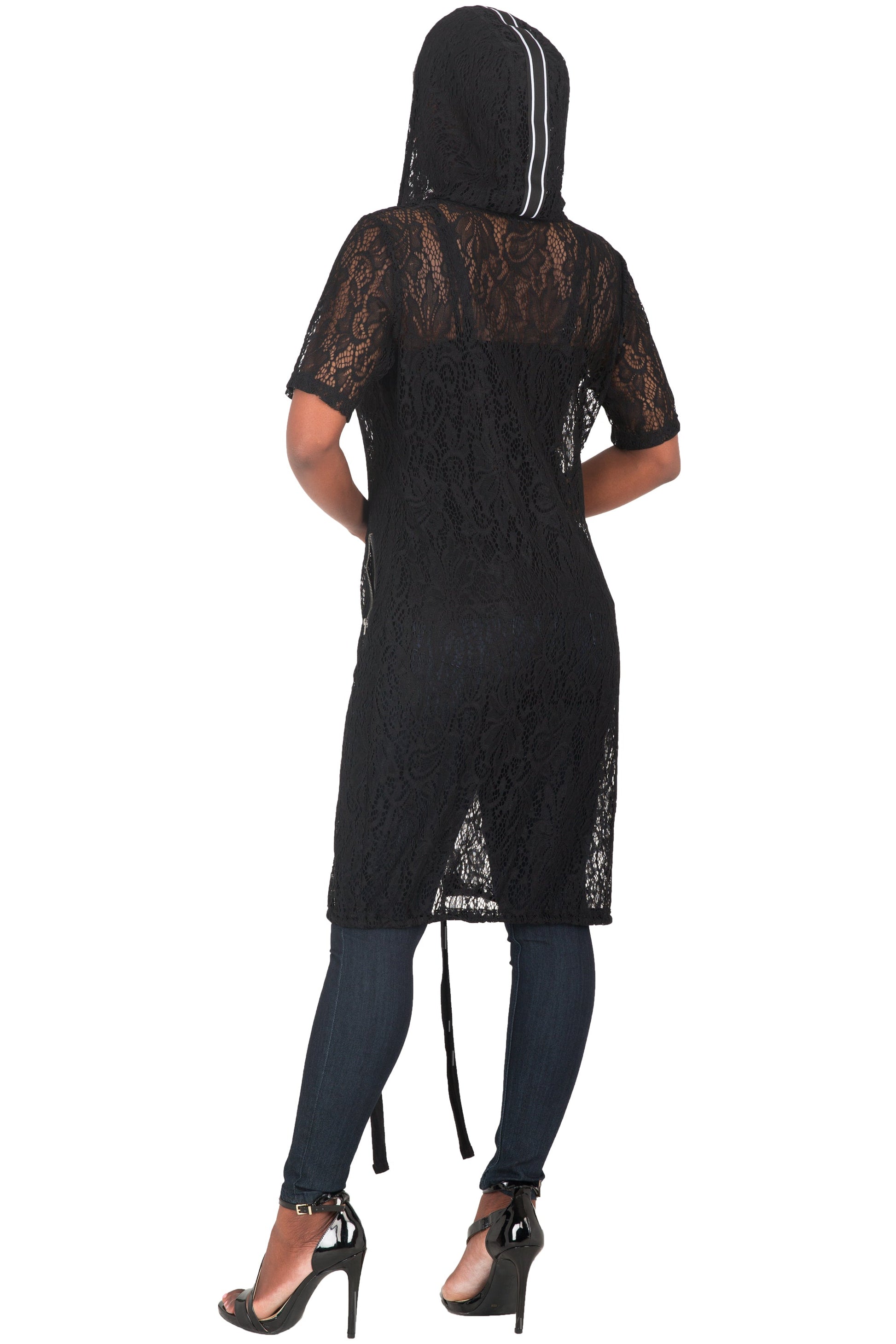 Poetic Justice Curvy Women's Athletic Stripe Short Sleeve Black Lace Long Hoodie