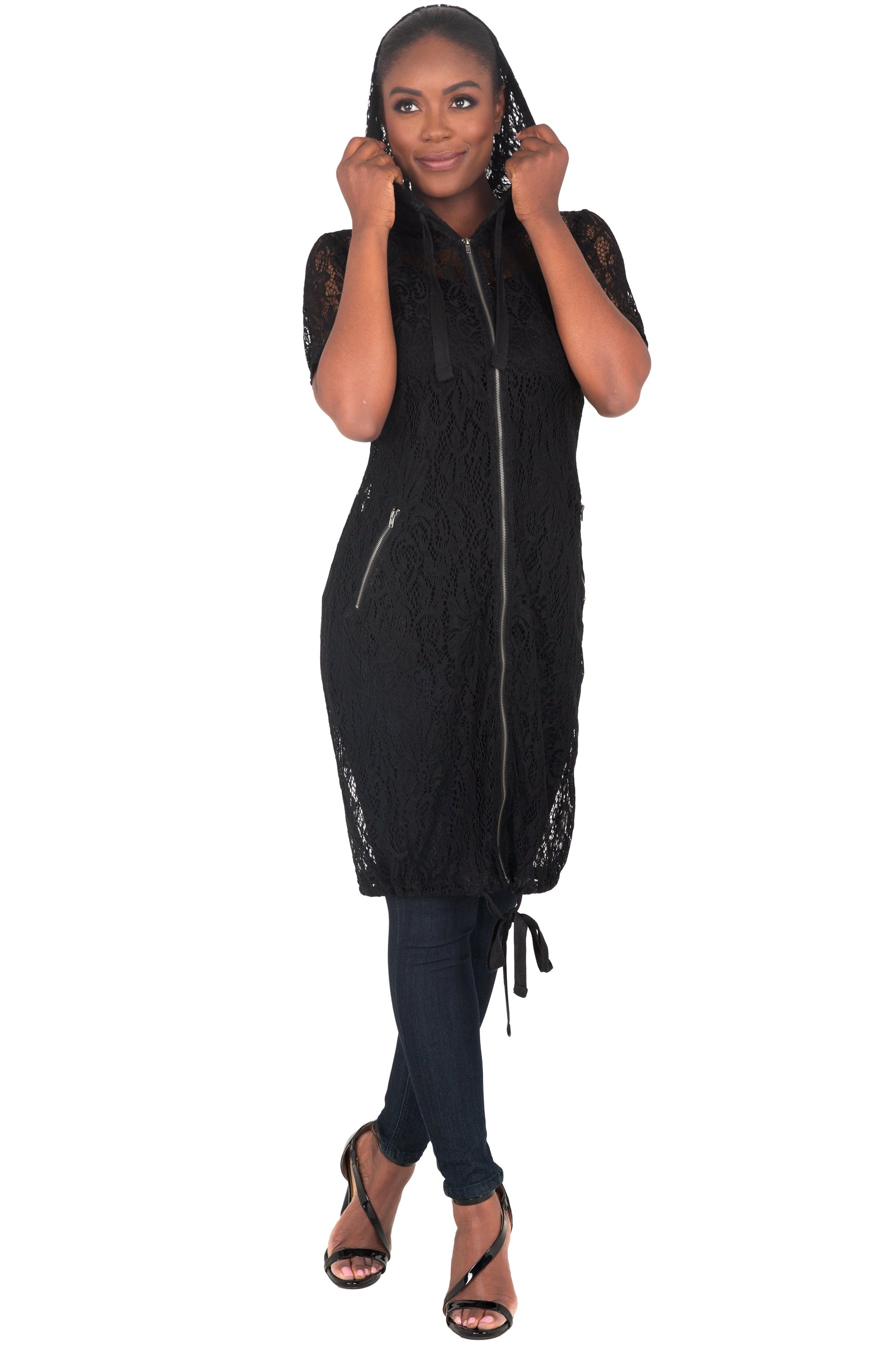 Poetic Justice Curvy Women's Athletic Stripe Short Sleeve Black Lace Long Hoodie