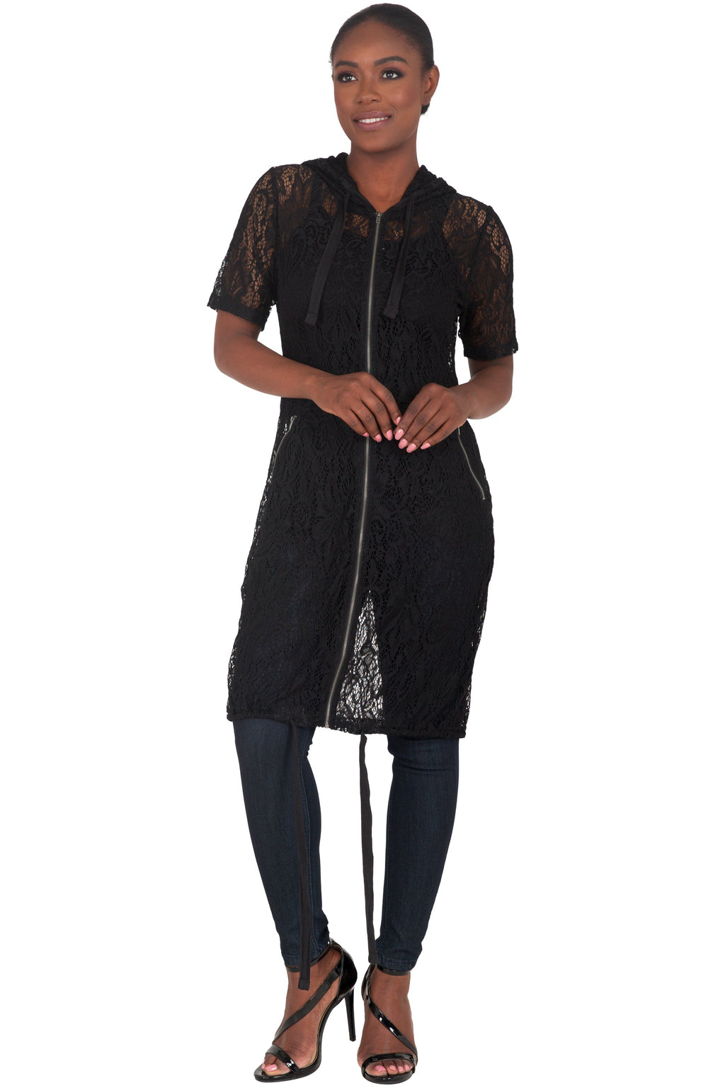 Poetic Justice Curvy Women's Athletic Stripe Short Sleeve Black Lace Long Hoodie