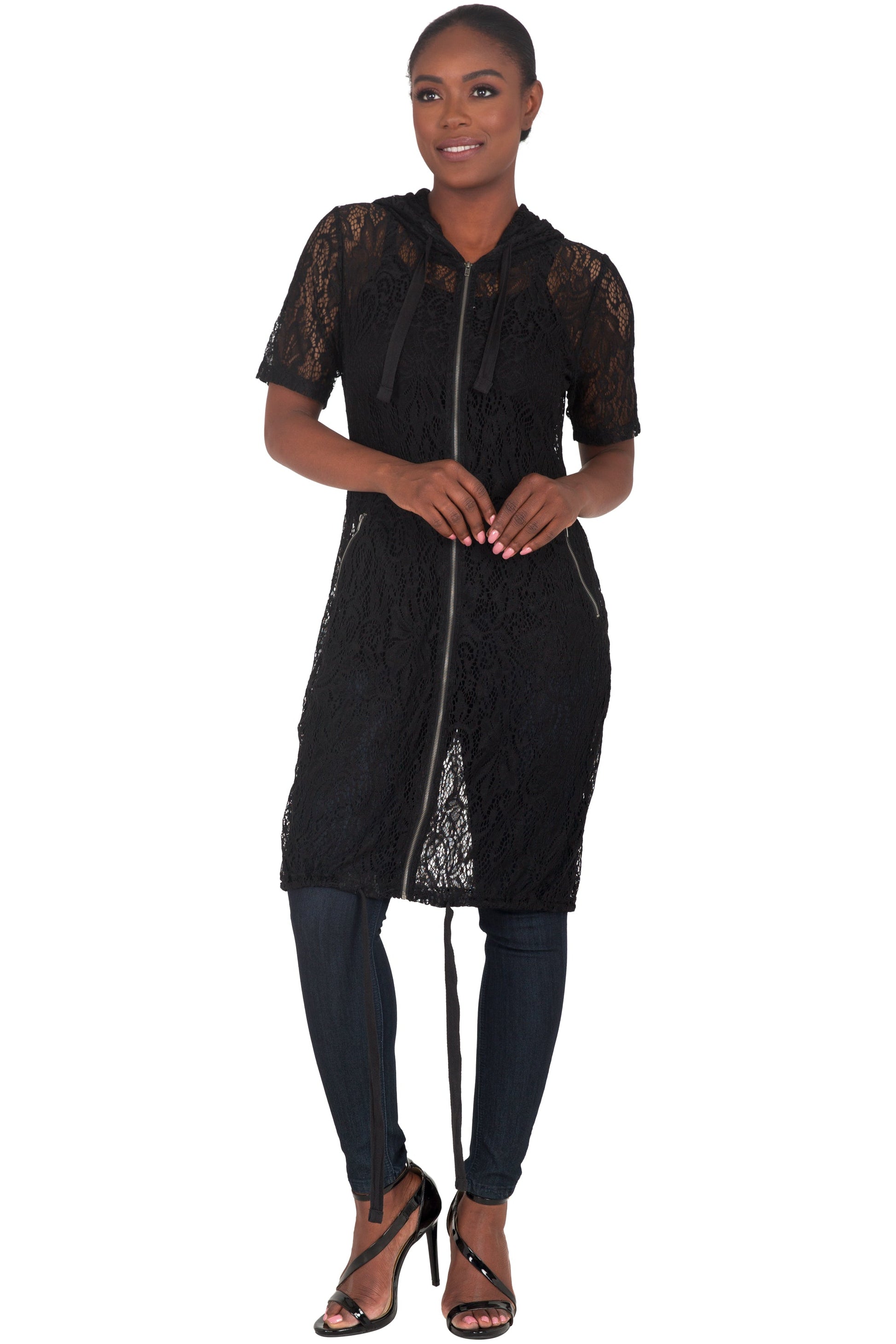 Poetic Justice Curvy Women's Athletic Stripe Short Sleeve Black Lace Long Hoodie