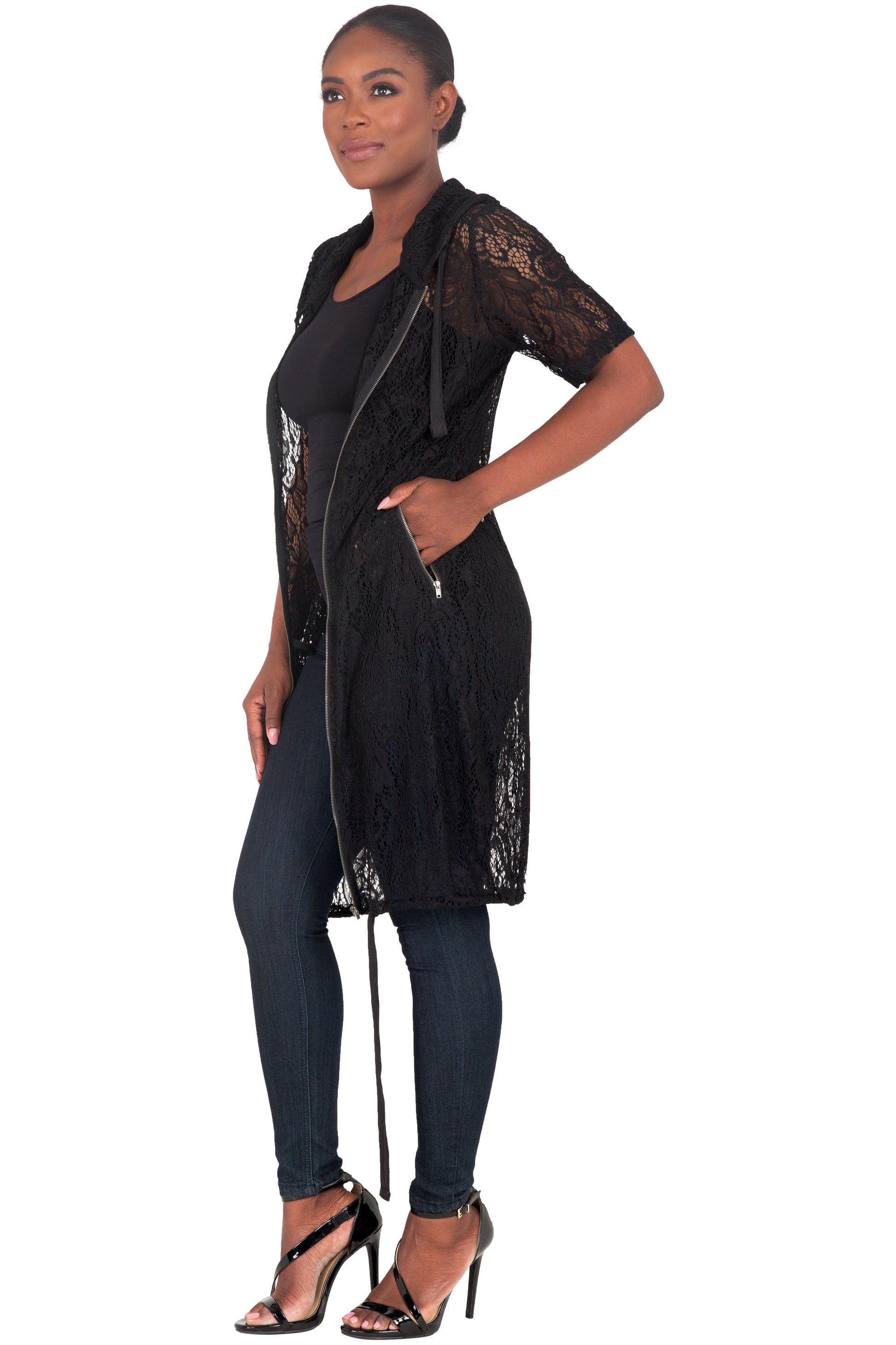 Poetic Justice Curvy Women's Athletic Stripe Short Sleeve Black Lace Long Hoodie