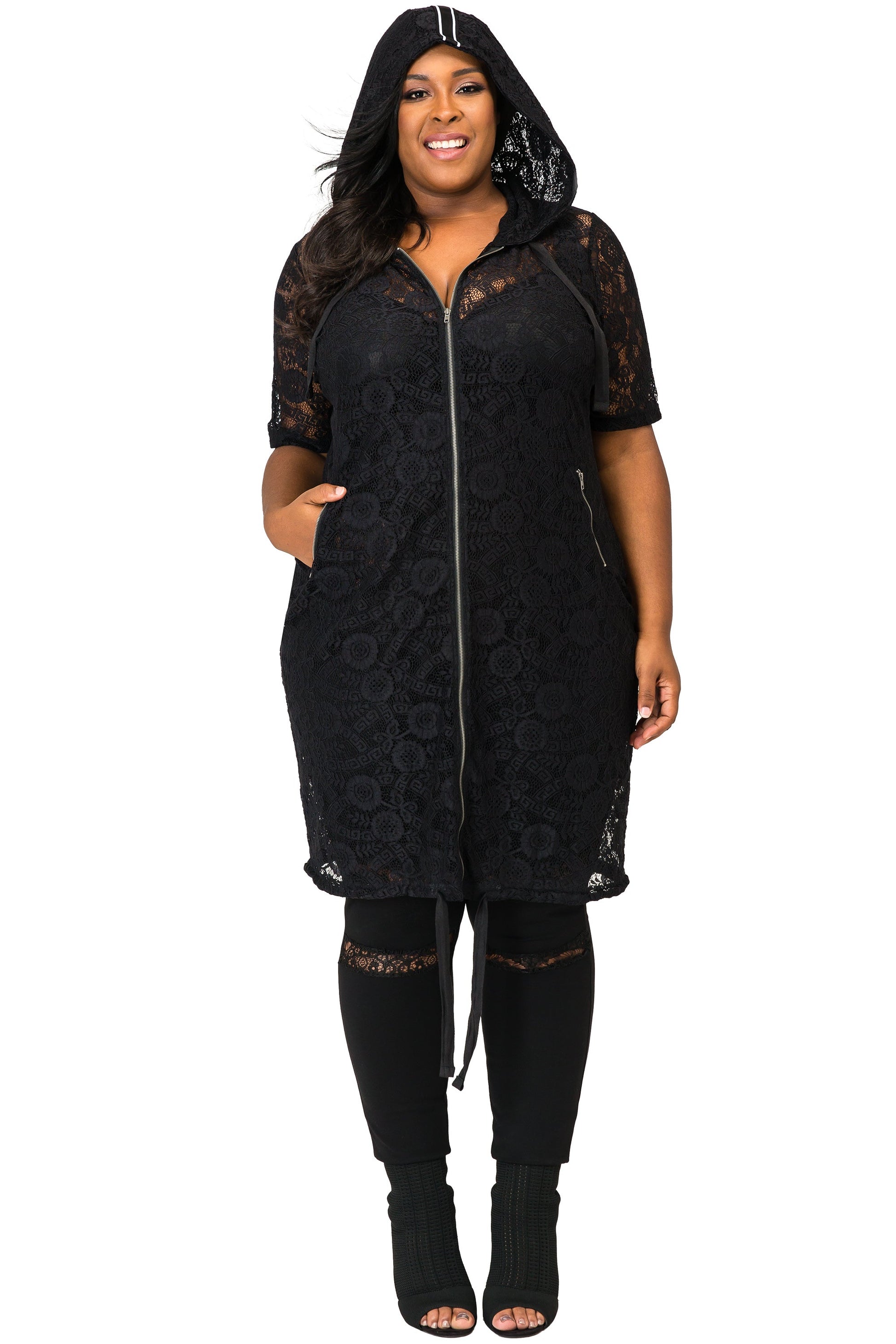 Poetic Justice Plus Size Curvy Women's Athletic Stripe Black Lace Long Hoodie